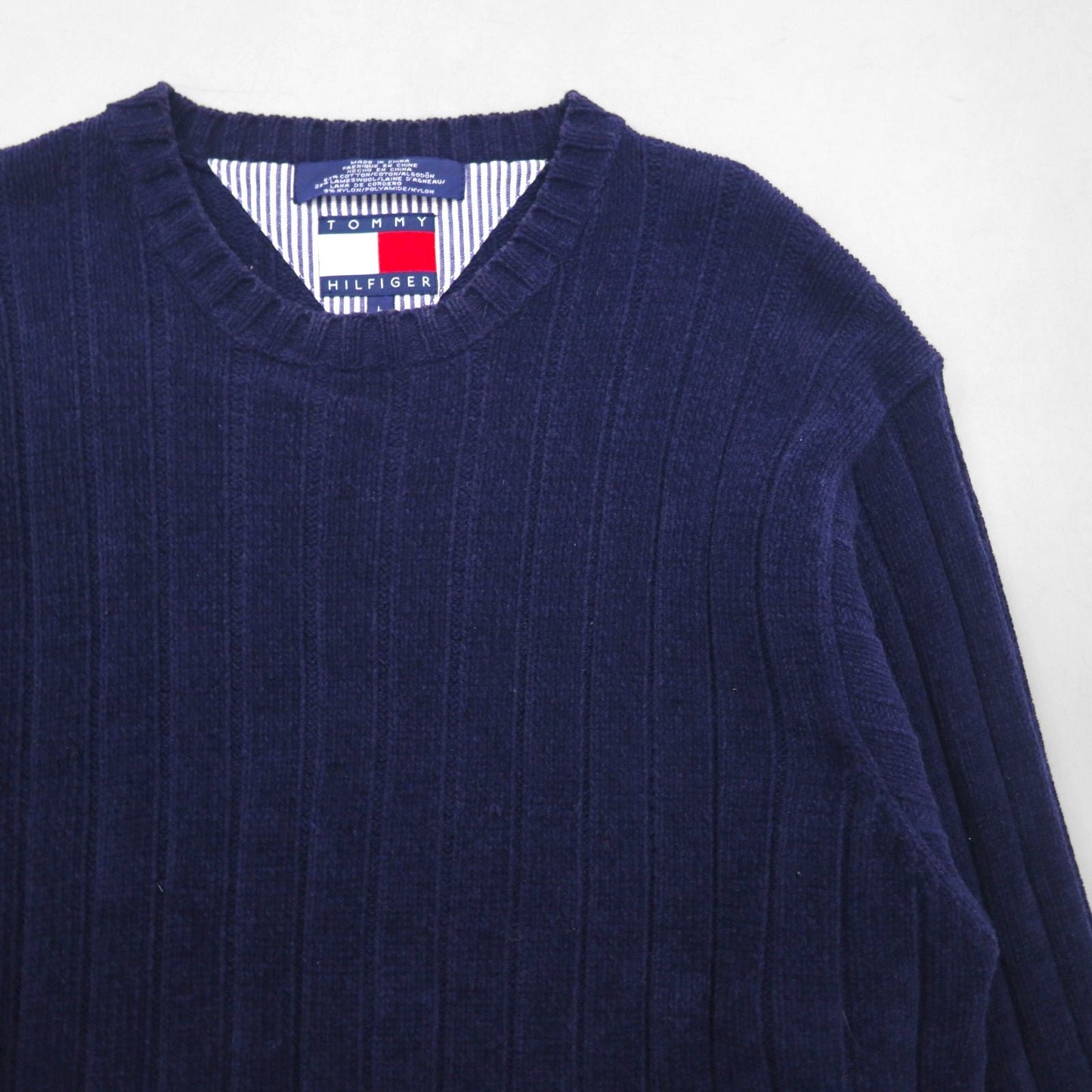 TOMMY HILFIGER リブニット クルーネック セーター L ネイビー コットン
