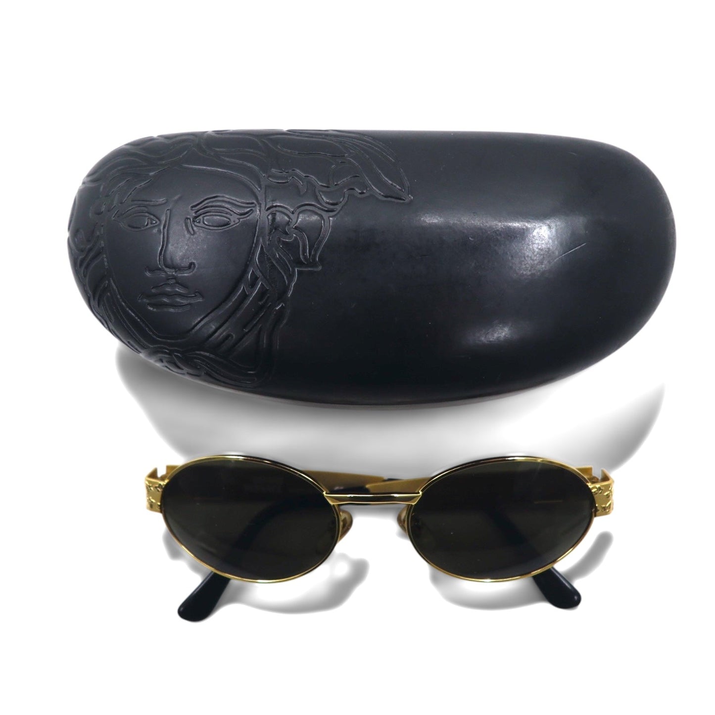 GIANNI VERSACE Vintage Italian Made Medusa Gunmetal Sunglasses, Oval, Gold, X01 58M