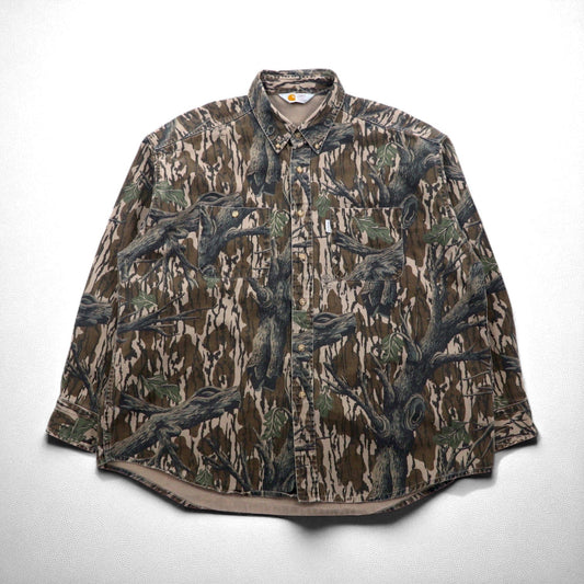 Carhartt 90s Tree Camo Button-Down Work Shirt, Size XL, Khaki, Mossy Oak Camo, Rugged Outdoor Wear