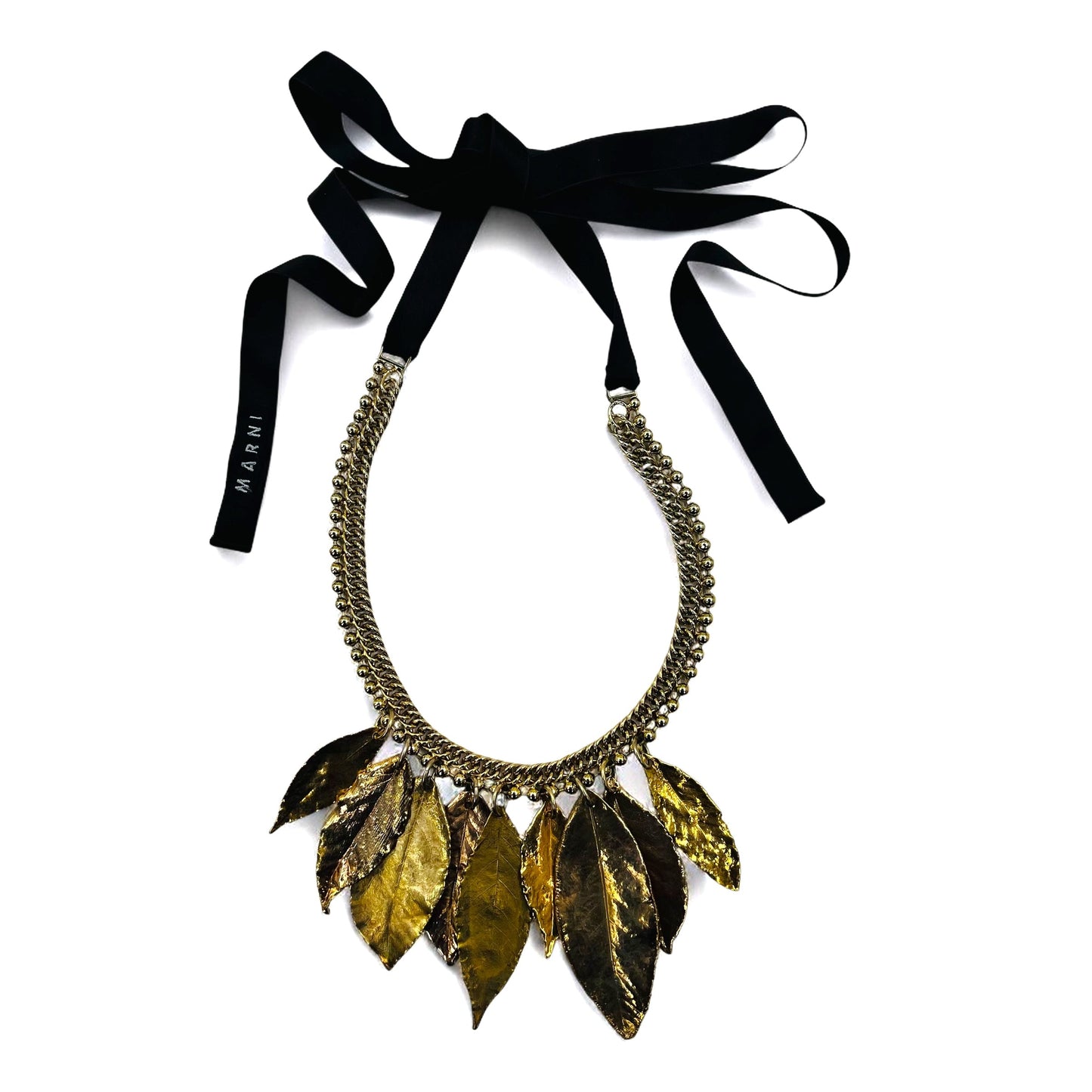 MARNI ribbon necklace in gold and black metal with leaves