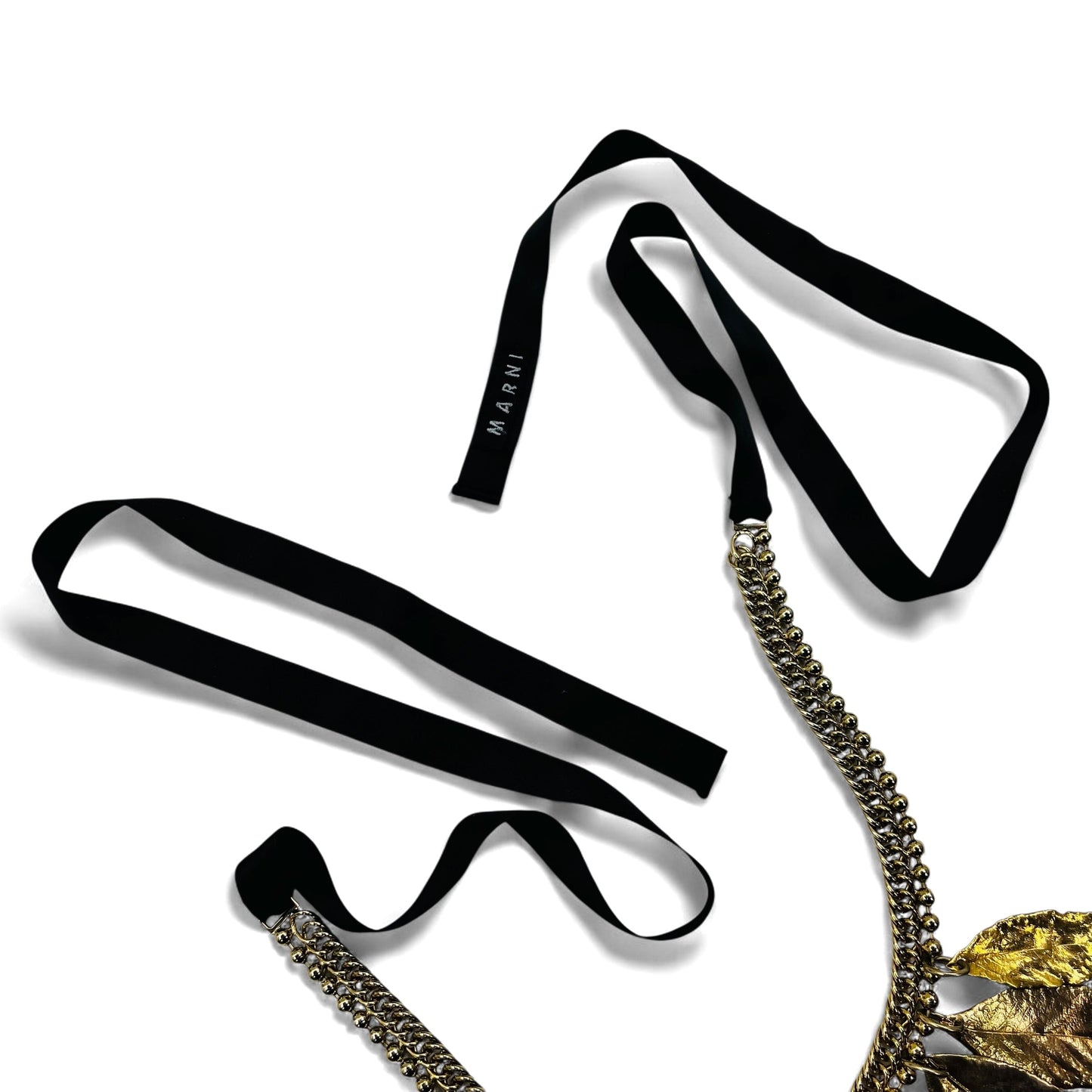 MARNI ribbon necklace in gold and black metal with leaves