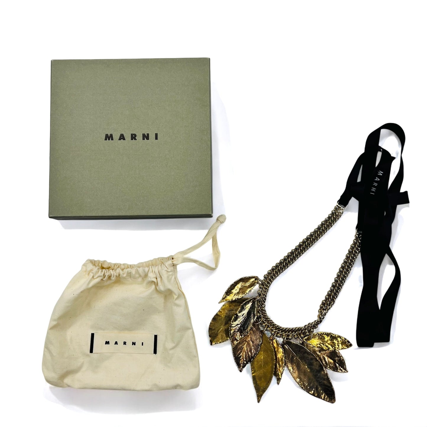 MARNI ribbon necklace in gold and black metal with leaves
