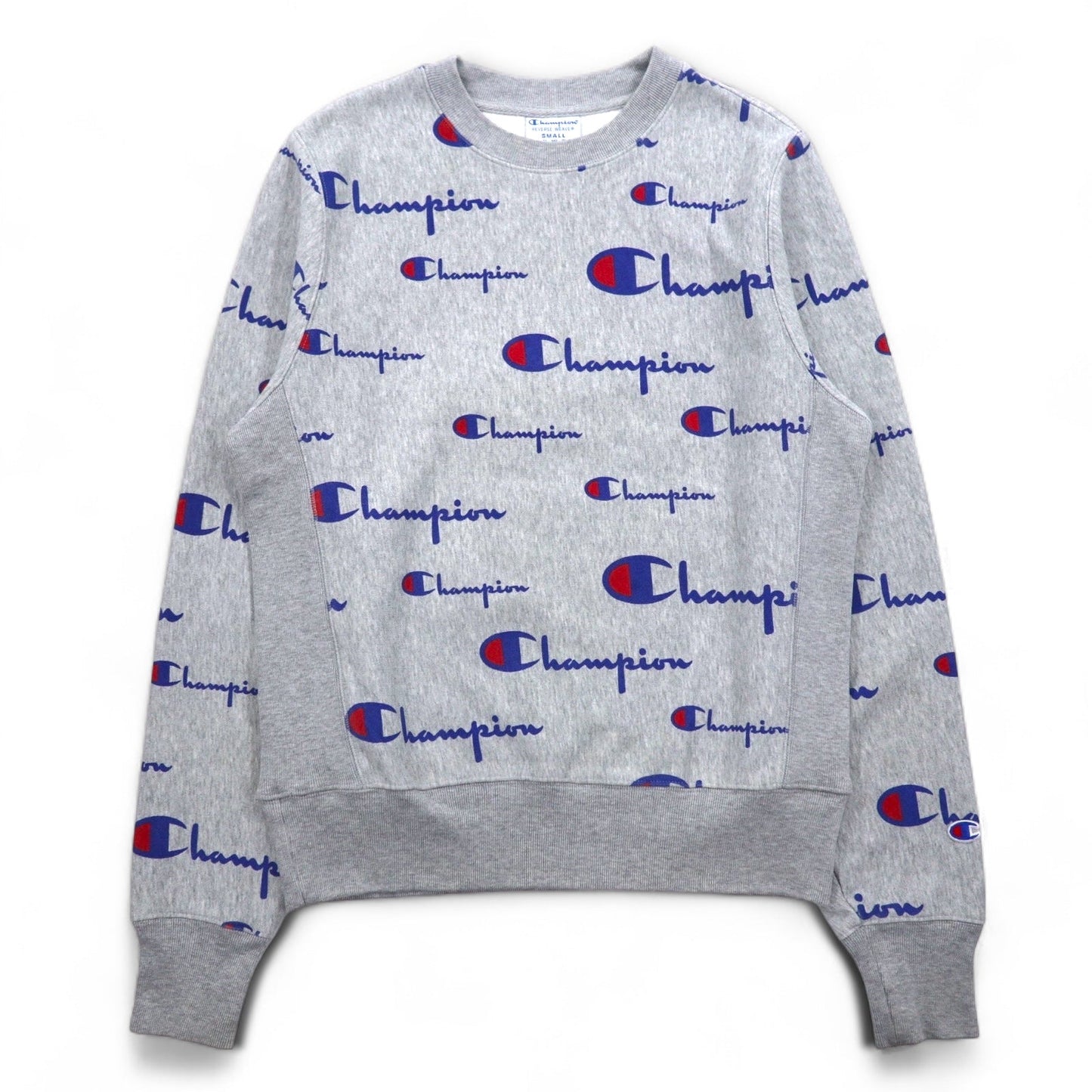 Champion リバースウィーブ REVERSE WEAVE スウェット L グレー 総柄 スクリプトロゴ 青単タグ 復刻