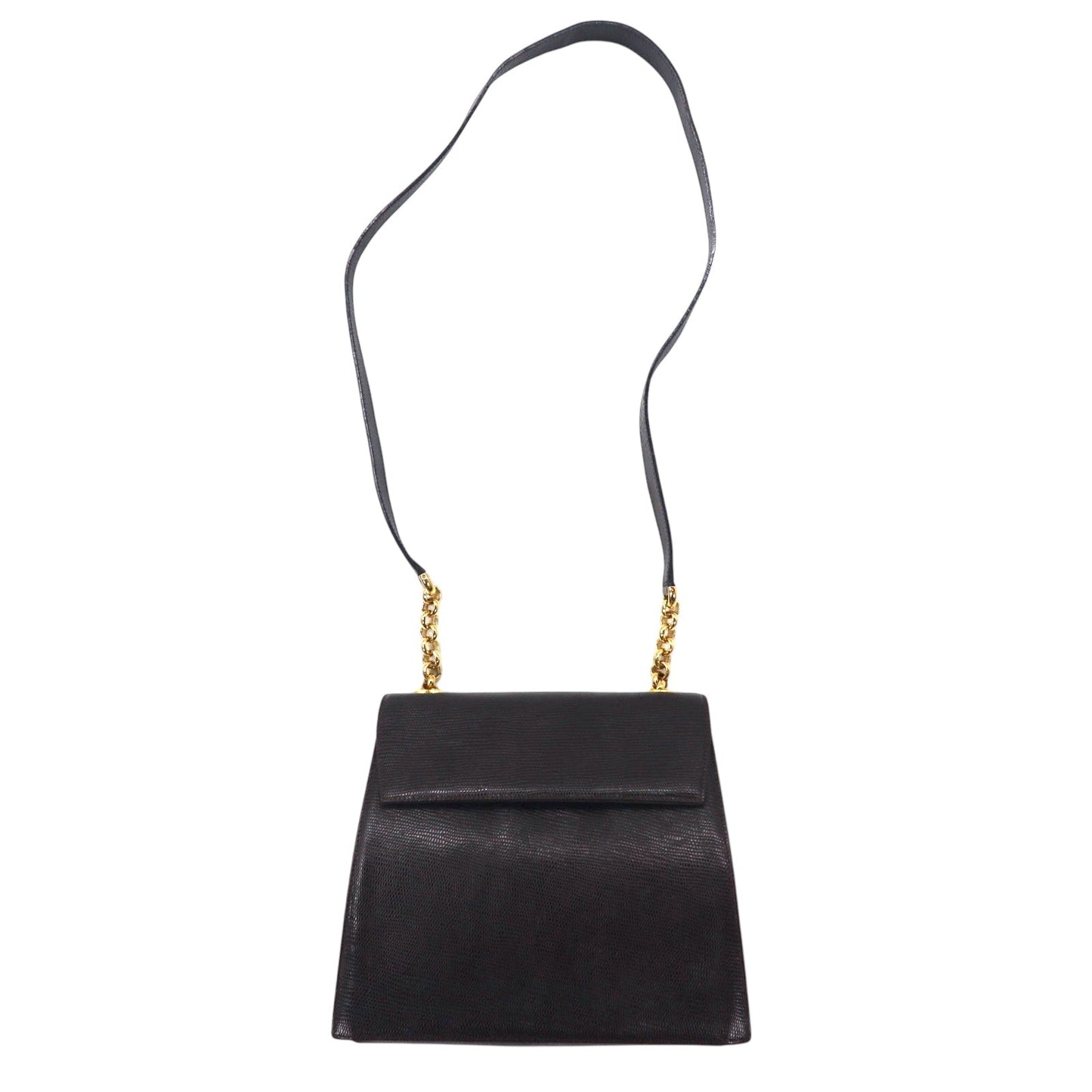 Salvatore Ferragamo Lizard-Embossed Trapezoid Chain Shoulder Bag in Brown Leather, Q 21 4654, Made in Italy