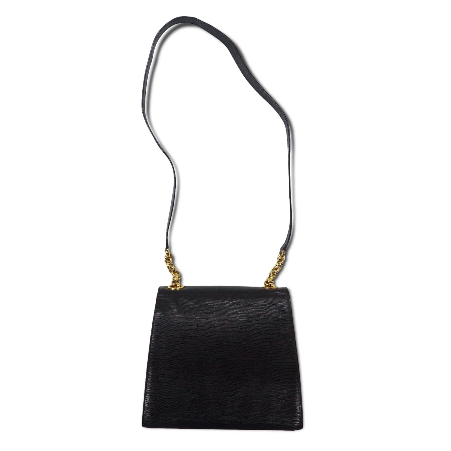 Salvatore Ferragamo Lizard-Embossed Trapezoid Chain Shoulder Bag in Brown Leather, Q 21 4654, Made in Italy