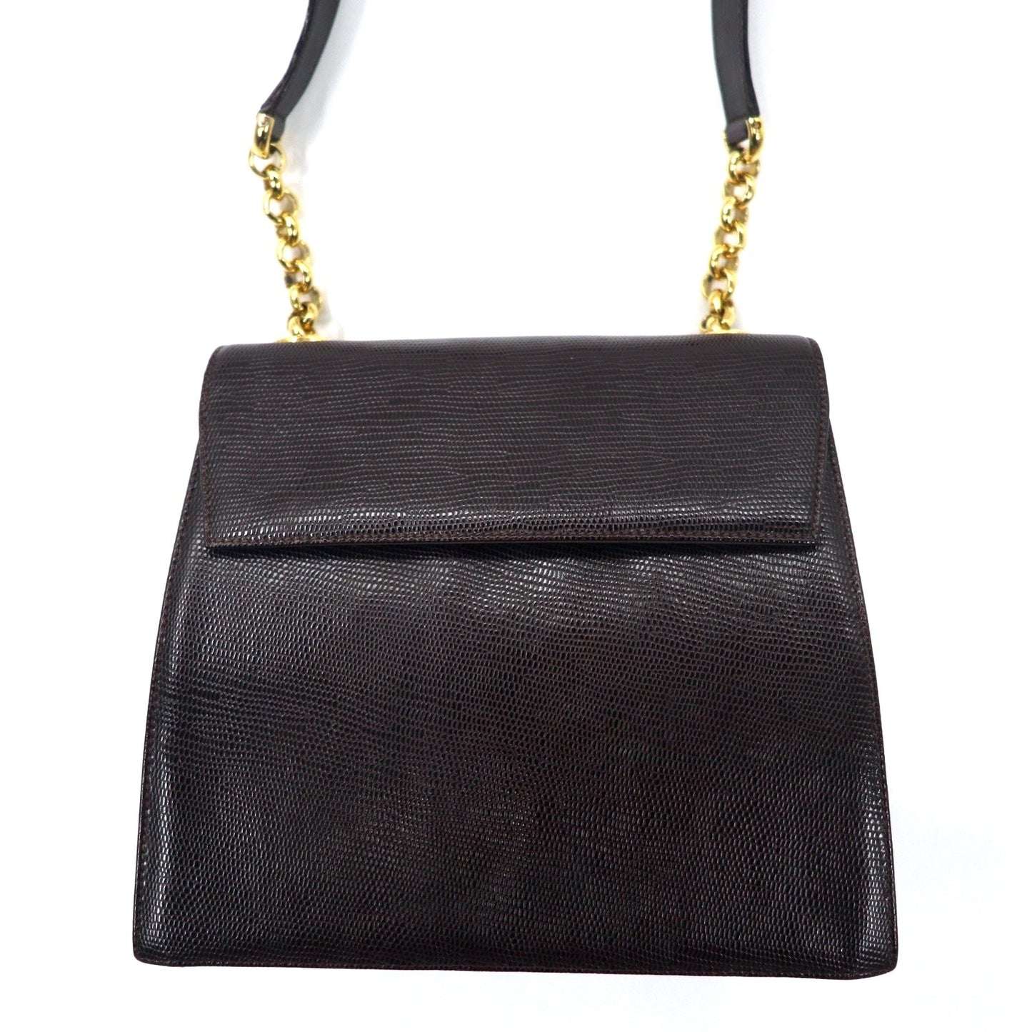Salvatore Ferragamo Lizard-Embossed Trapezoid Chain Shoulder Bag in Brown Leather, Q 21 4654, Made in Italy