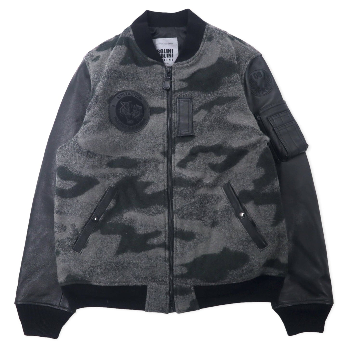 BOLINI BOLINI Leather Sleeve Stadium Jacket, Size 48, Gray/Black Camouflage Pattern, Melton Wool/Goat Leather, Tiger Embroidery on Back
