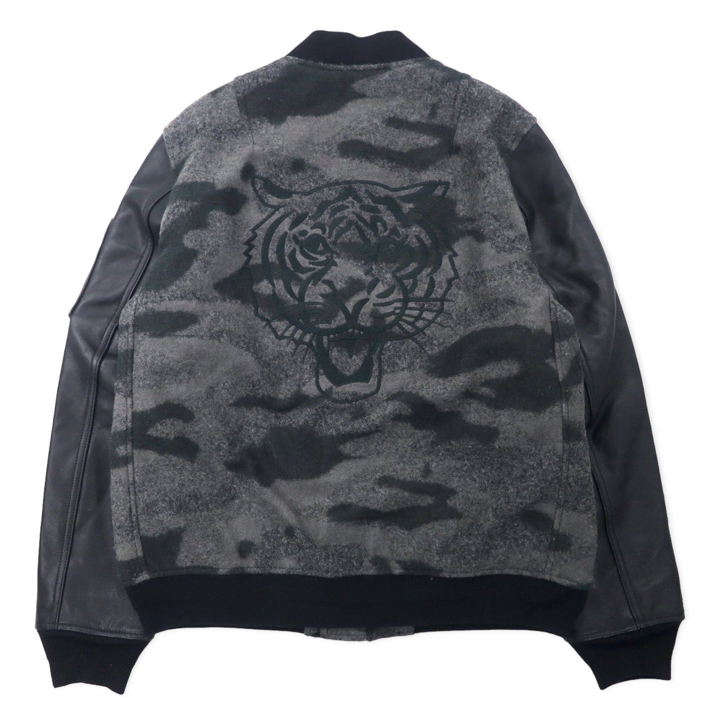 BOLINI BOLINI Leather Sleeve Stadium Jacket, Size 48, Gray/Black Camouflage Pattern, Melton Wool/Goat Leather, Tiger Embroidery on Back