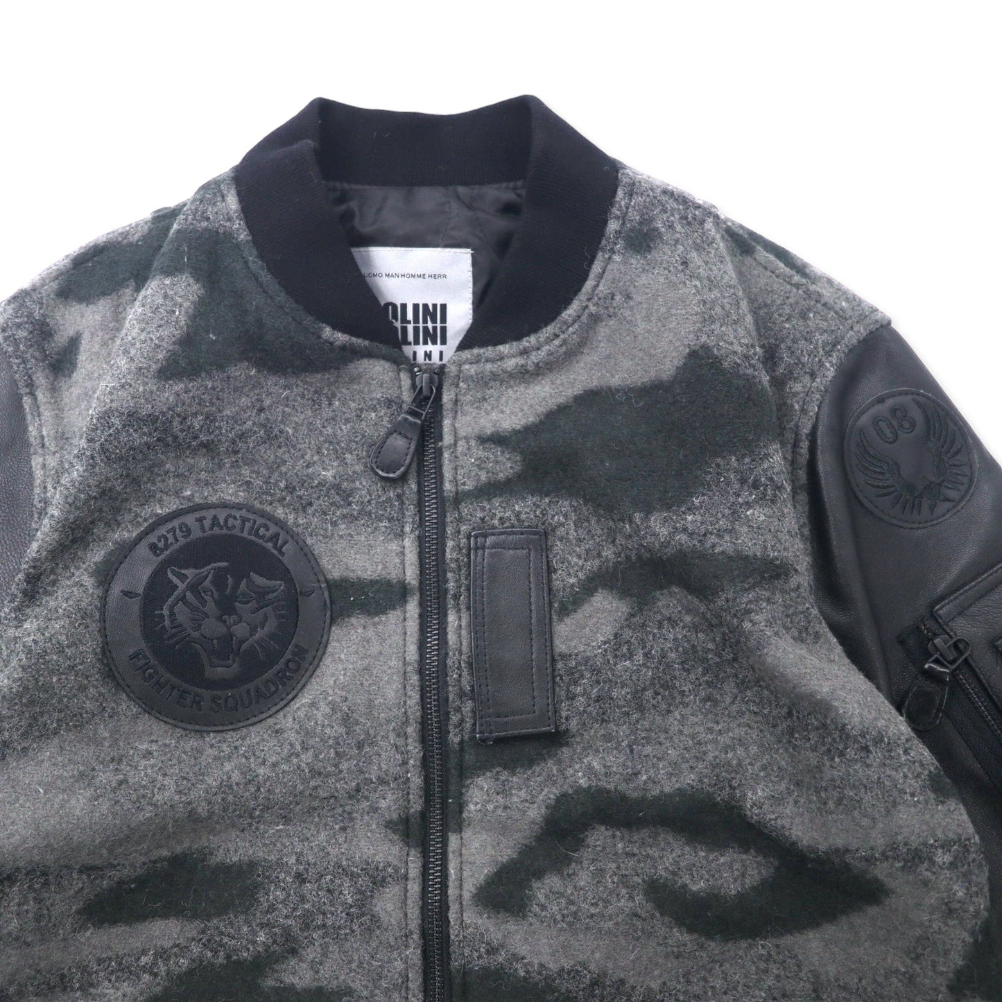 BOLINI BOLINI Leather Sleeve Stadium Jacket, Size 48, Gray/Black Camouflage Pattern, Melton Wool/Goat Leather, Tiger Embroidery on Back