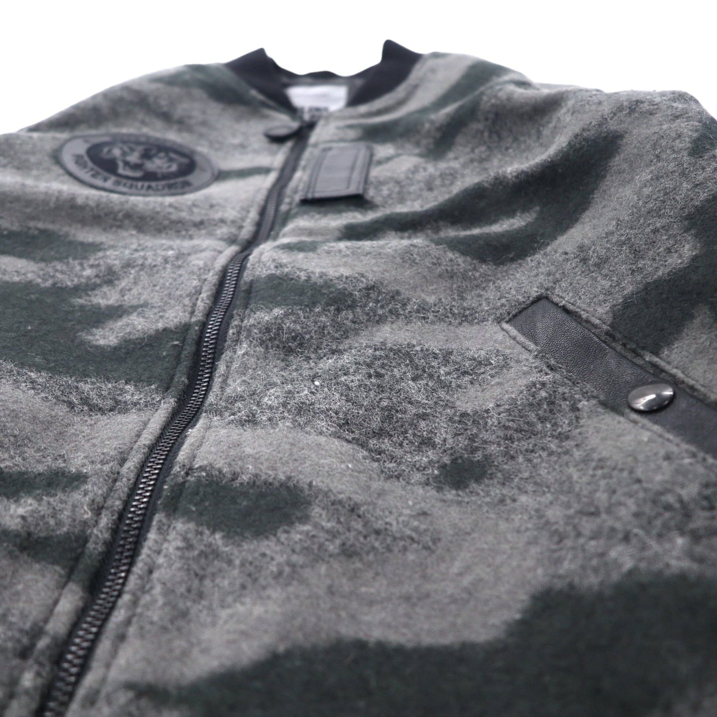 BOLINI BOLINI Leather Sleeve Stadium Jacket, Size 48, Gray/Black Camouflage Pattern, Melton Wool/Goat Leather, Tiger Embroidery on Back