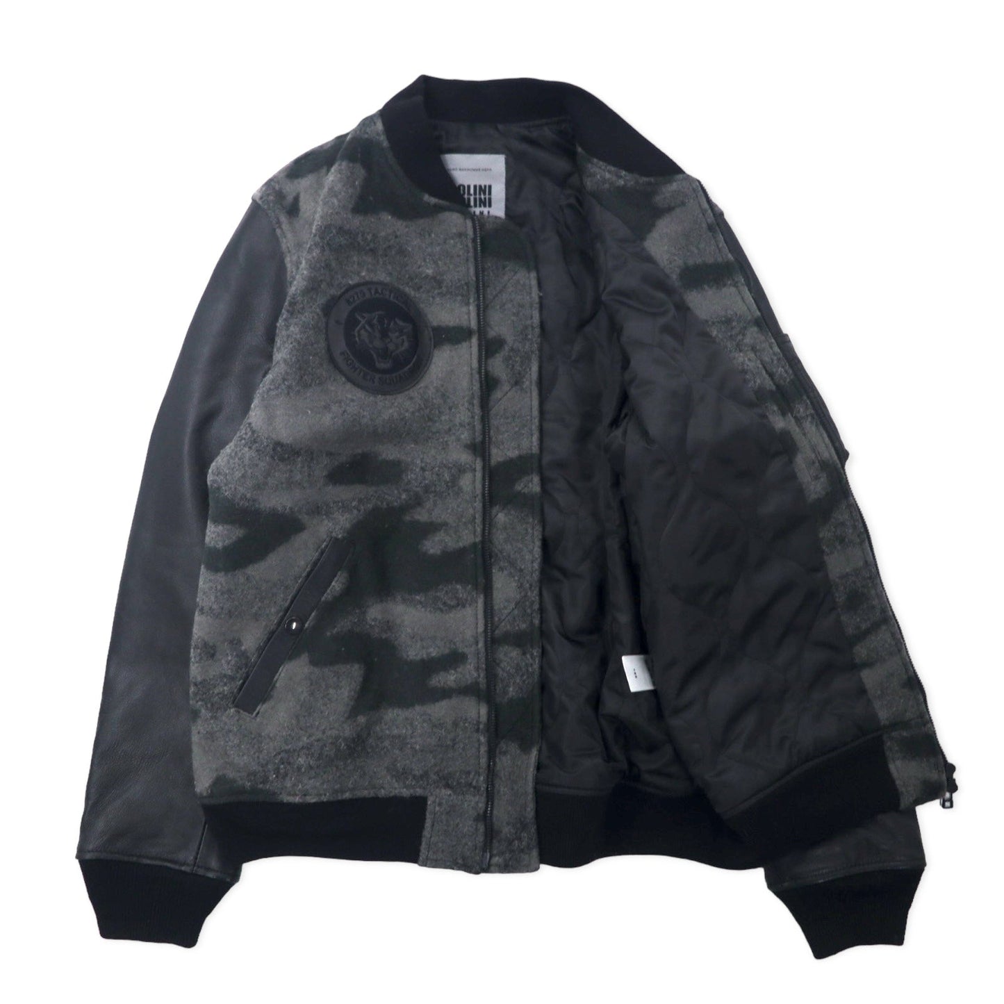 BOLINI BOLINI Leather Sleeve Stadium Jacket, Size 48, Gray/Black Camouflage Pattern, Melton Wool/Goat Leather, Tiger Embroidery on Back