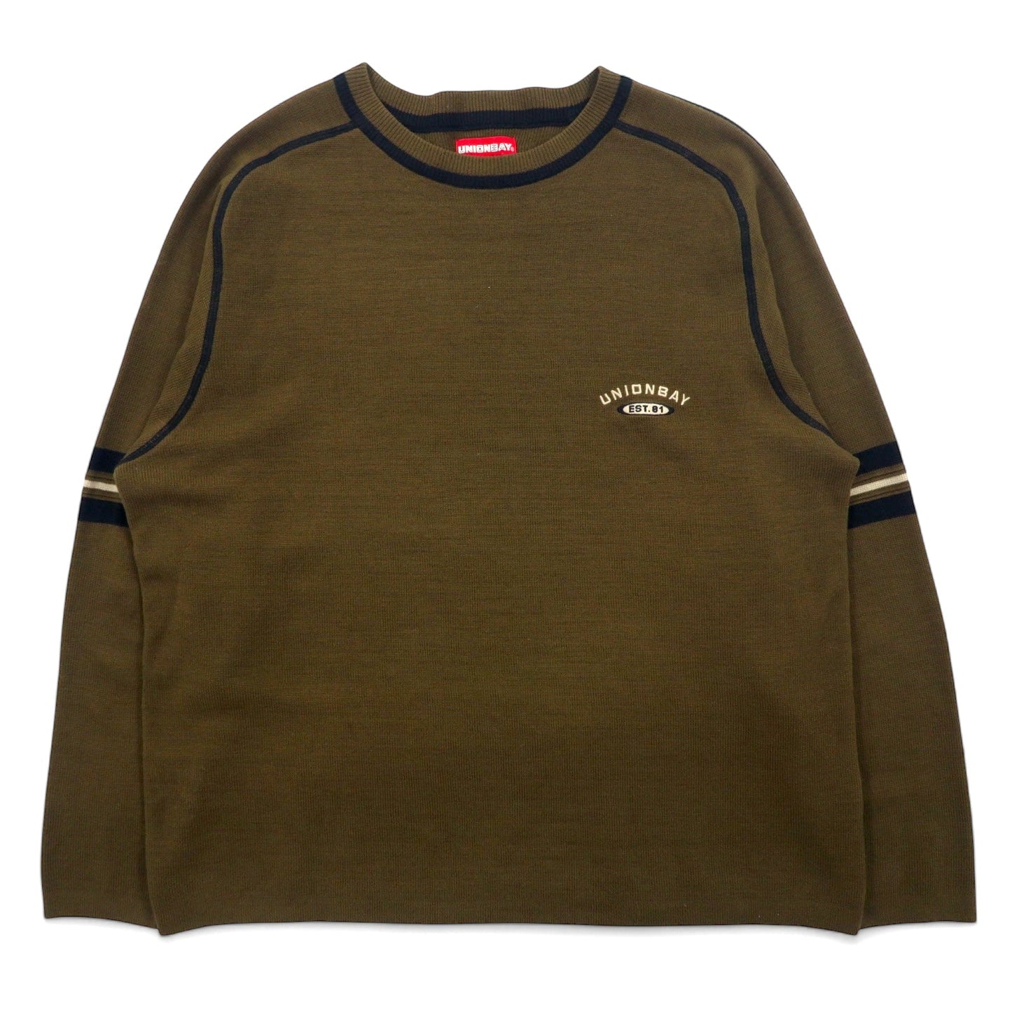 Australian-made 90s UNIONBAY acrylic knit sweater, size L, khaki, with one-point logo embroidery.