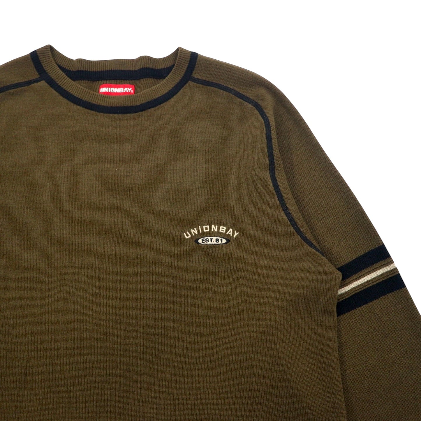 Australian-made 90s UNIONBAY acrylic knit sweater, size L, khaki, with one-point logo embroidery.