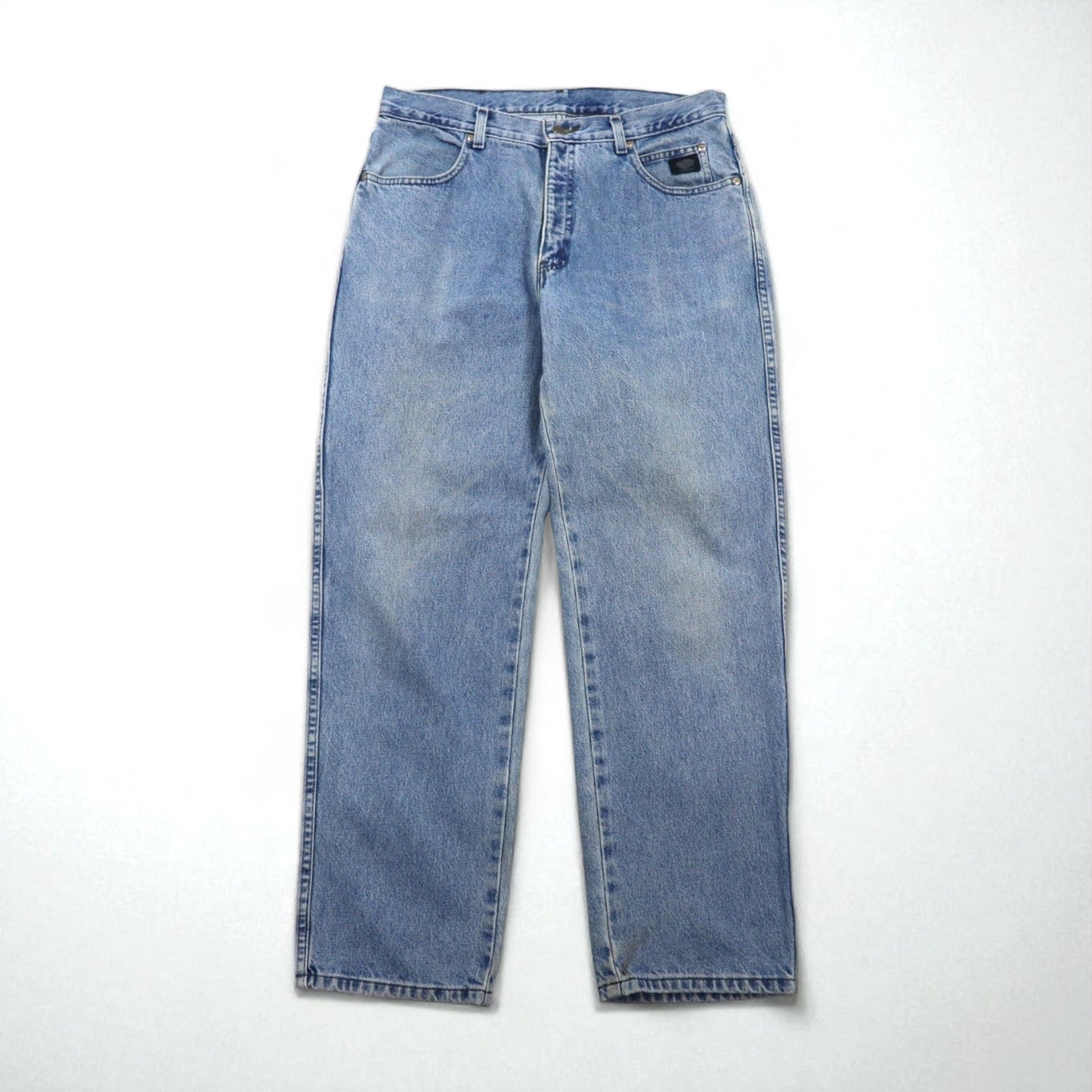 HARLEY DAVIDSON Relaxed Fit Tapered Denim Pants, Size L, Indigo, Zipper Fly, Leather Patch, Made in Mexico