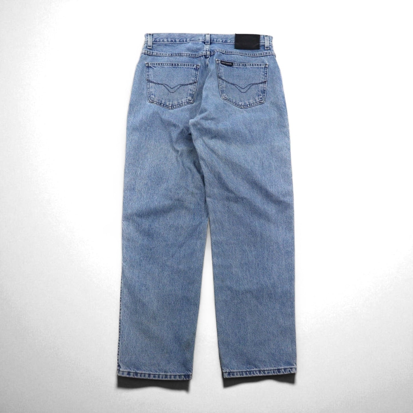HARLEY DAVIDSON Relaxed Fit Tapered Denim Pants, Size L, Indigo, Zipper Fly, Leather Patch, Made in Mexico