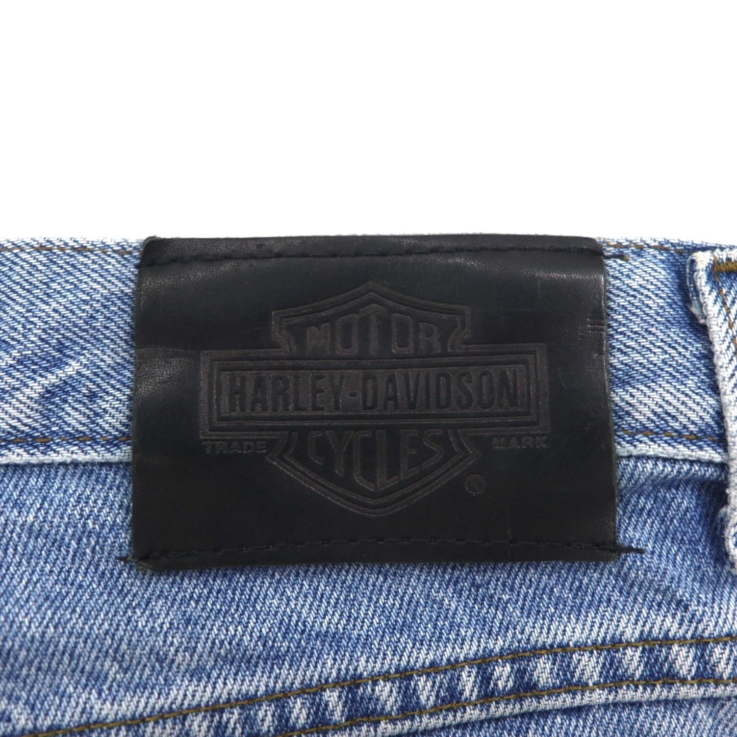 HARLEY DAVIDSON Relaxed Fit Tapered Denim Pants, Size L, Indigo, Zipper Fly, Leather Patch, Made in Mexico