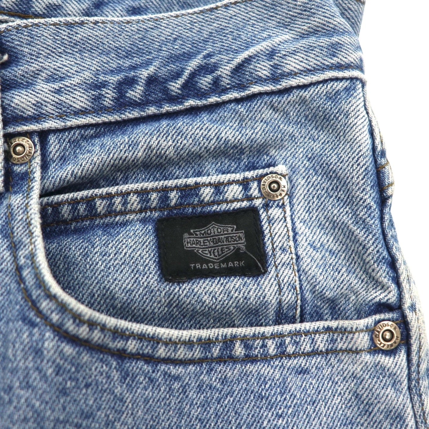 HARLEY DAVIDSON Relaxed Fit Tapered Denim Pants, Size L, Indigo, Zipper Fly, Leather Patch, Made in Mexico