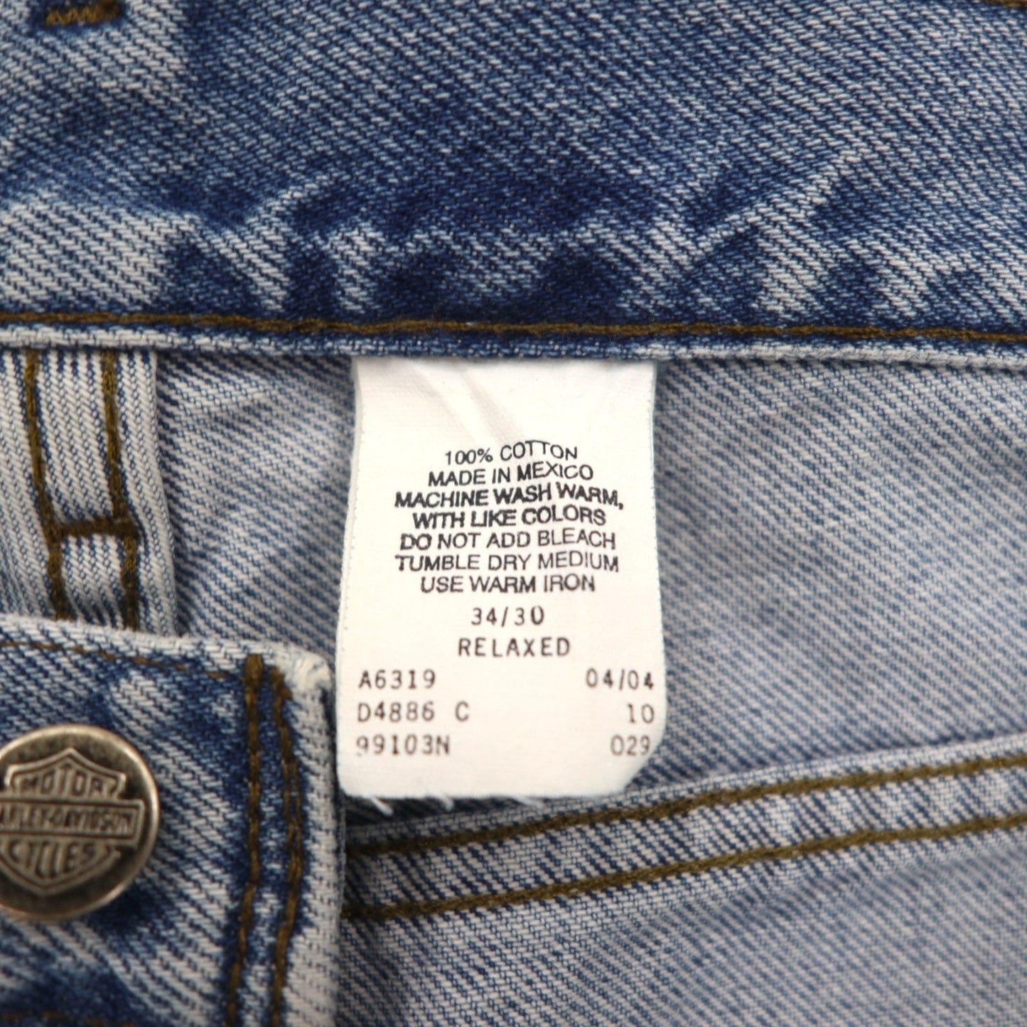 HARLEY DAVIDSON Relaxed Fit Tapered Denim Pants, Size L, Indigo, Zipper Fly, Leather Patch, Made in Mexico