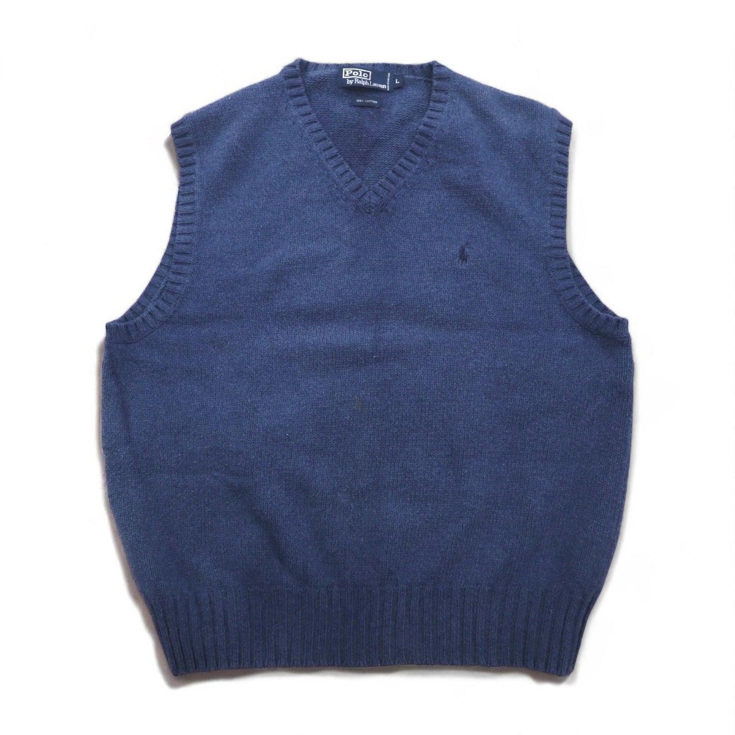 Polo by Ralph Lauren 90s V-neck cotton knit vest, size L, navy, with small pony embroidery