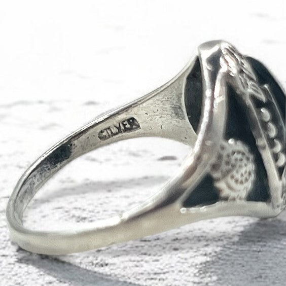 Vintage Silver Onyx Ring, Black Onyx, Size 14, Silver 925