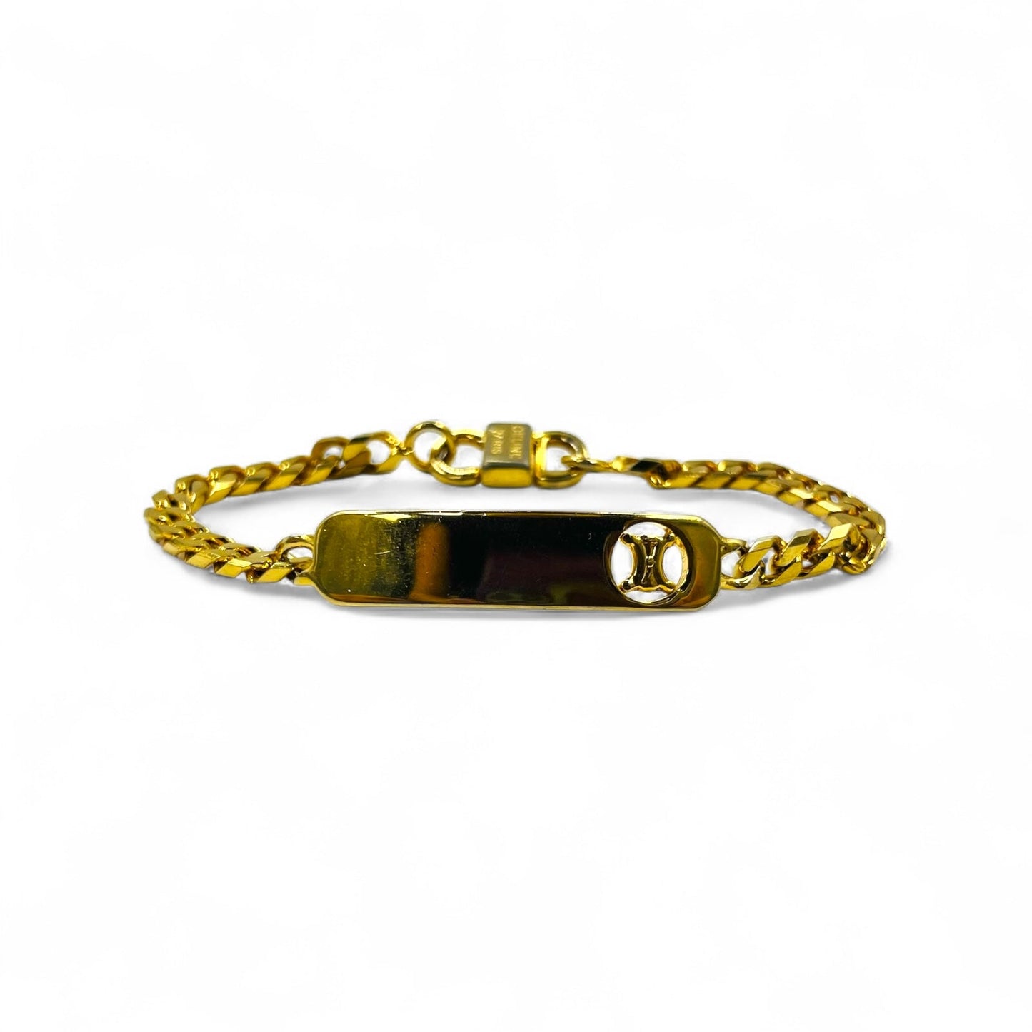 Vintage Celine Curb Chain Bracelet in Gold with Triomphe ID Plate, Made in Italy