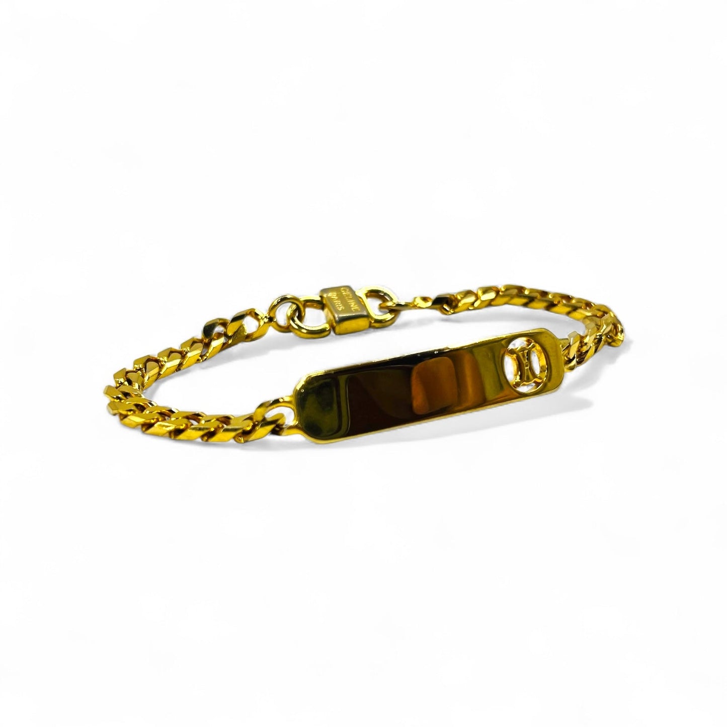 Vintage Celine Curb Chain Bracelet in Gold with Triomphe ID Plate, Made in Italy