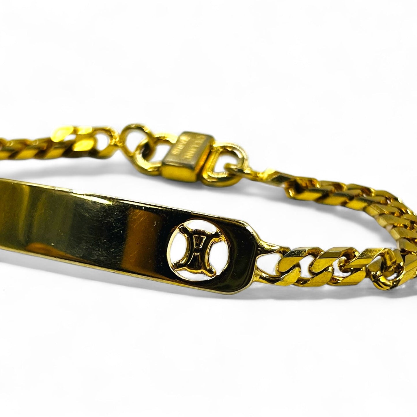 Vintage Celine Curb Chain Bracelet in Gold with Triomphe ID Plate, Made in Italy