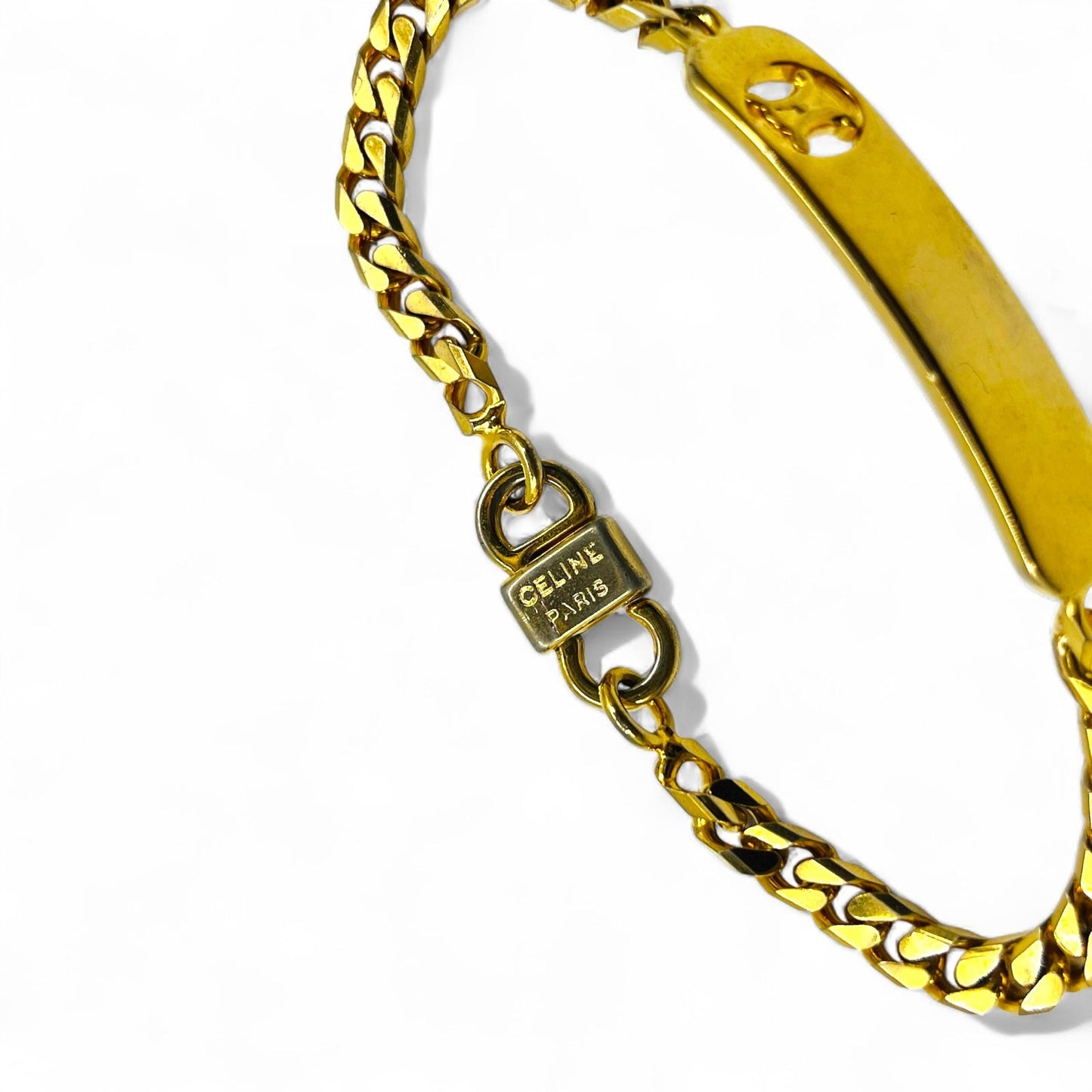 Vintage Celine Curb Chain Bracelet in Gold with Triomphe ID Plate, Made in Italy