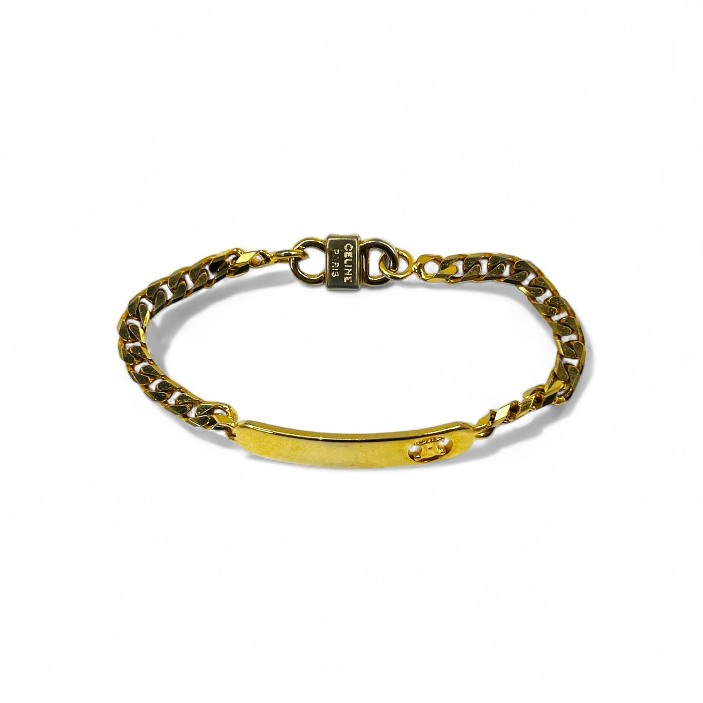 Vintage Celine Curb Chain Bracelet in Gold with Triomphe ID Plate, Made in Italy