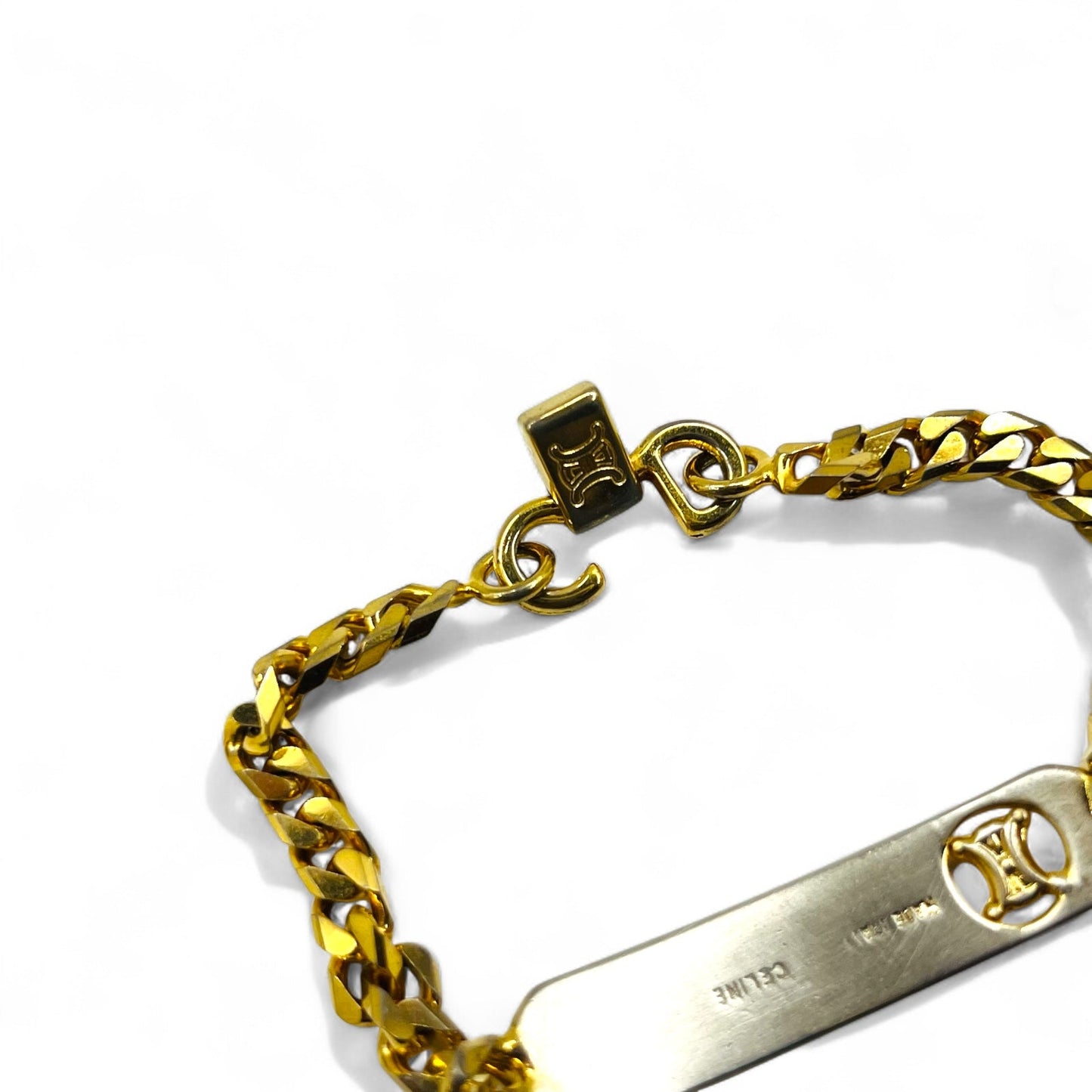 Vintage Celine Curb Chain Bracelet in Gold with Triomphe ID Plate, Made in Italy