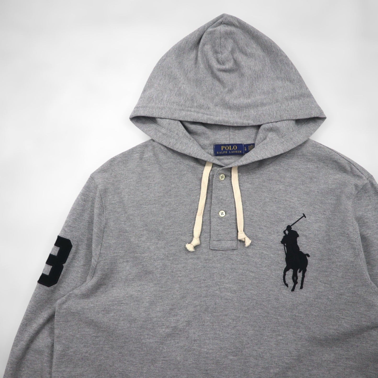 Polo Ralph Lauren ヘンリーネック パーカー L グレー 刺繍 ビッグポニー 鹿の子 ハーフボタン プルオーバー