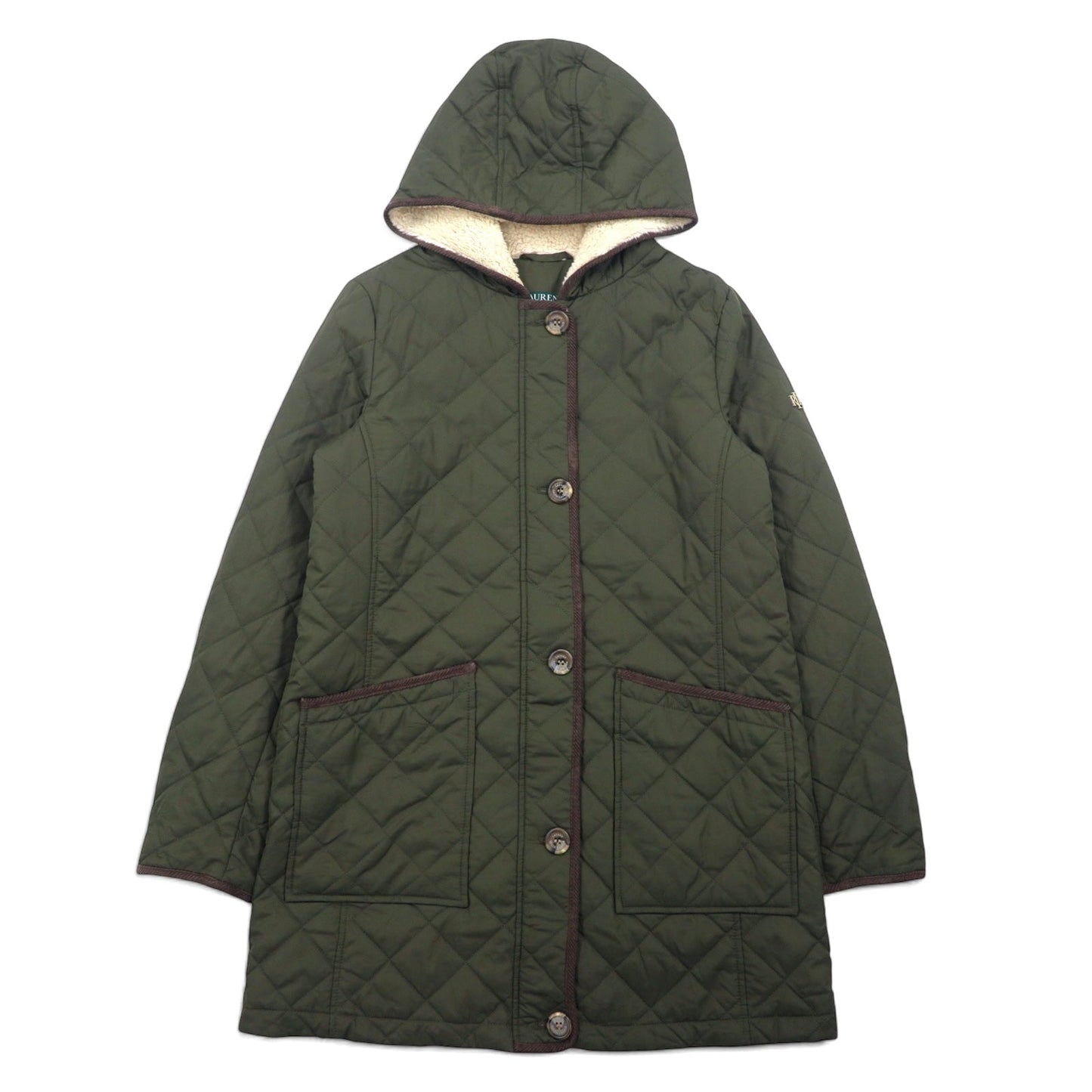 LAUREN RALPH LAUREN hooded quilted jacket, size L, khaki polyester with scarf pattern lining