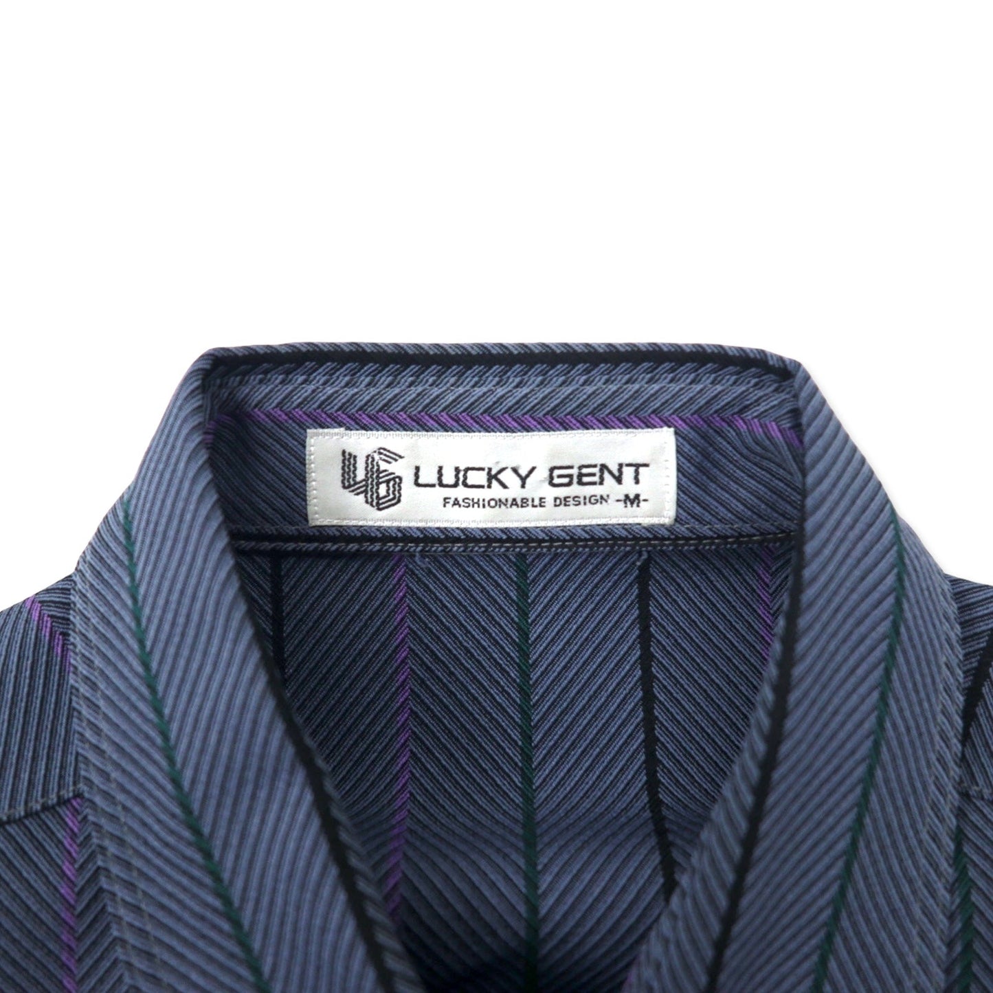 LUCKY GENT ポリシャツ M ネイビー ストライプ 総柄 ポリエステル 日本製