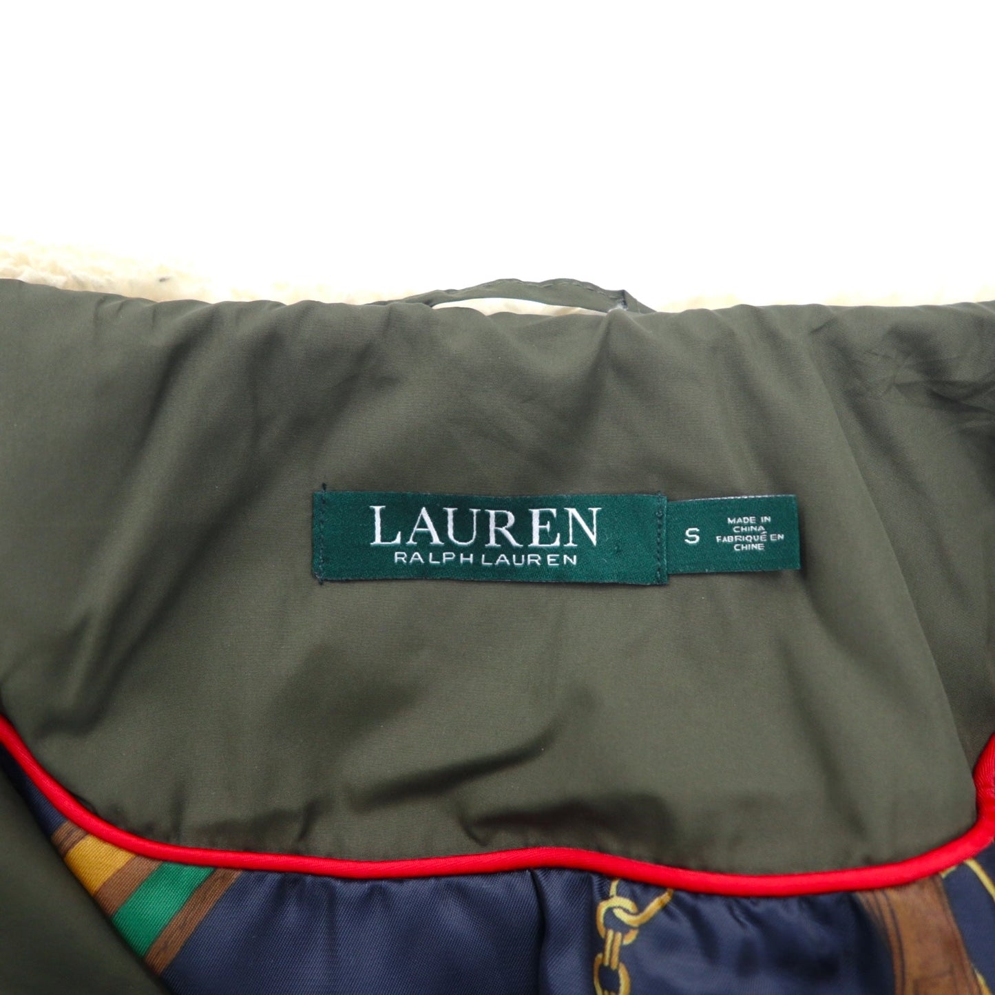LAUREN RALPH LAUREN hooded quilted jacket, size L, khaki polyester with scarf pattern lining