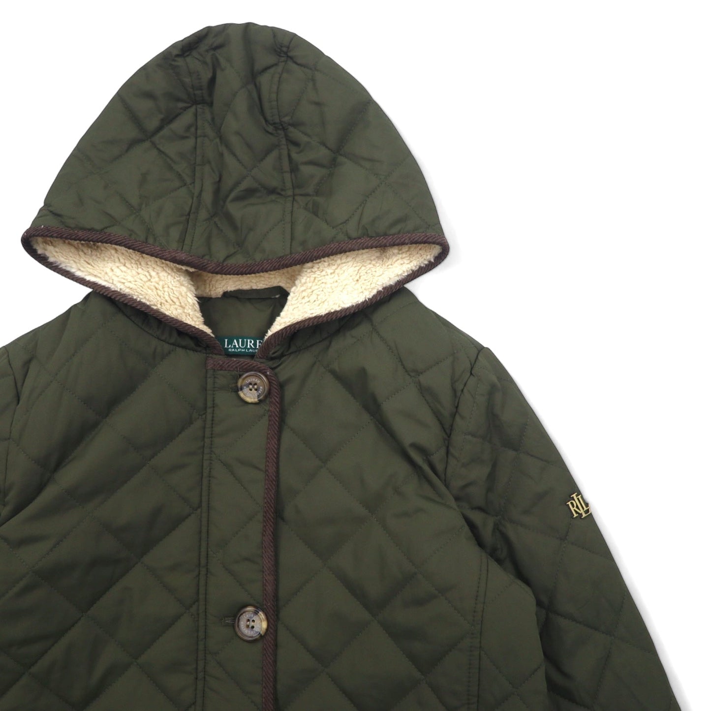 LAUREN RALPH LAUREN hooded quilted jacket, size L, khaki polyester with scarf pattern lining