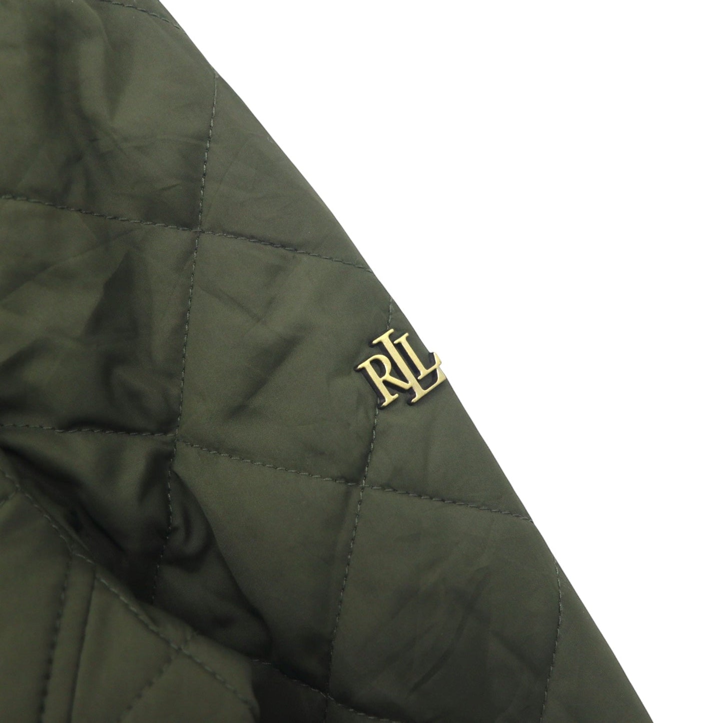 LAUREN RALPH LAUREN hooded quilted jacket, size L, khaki polyester with scarf pattern lining
