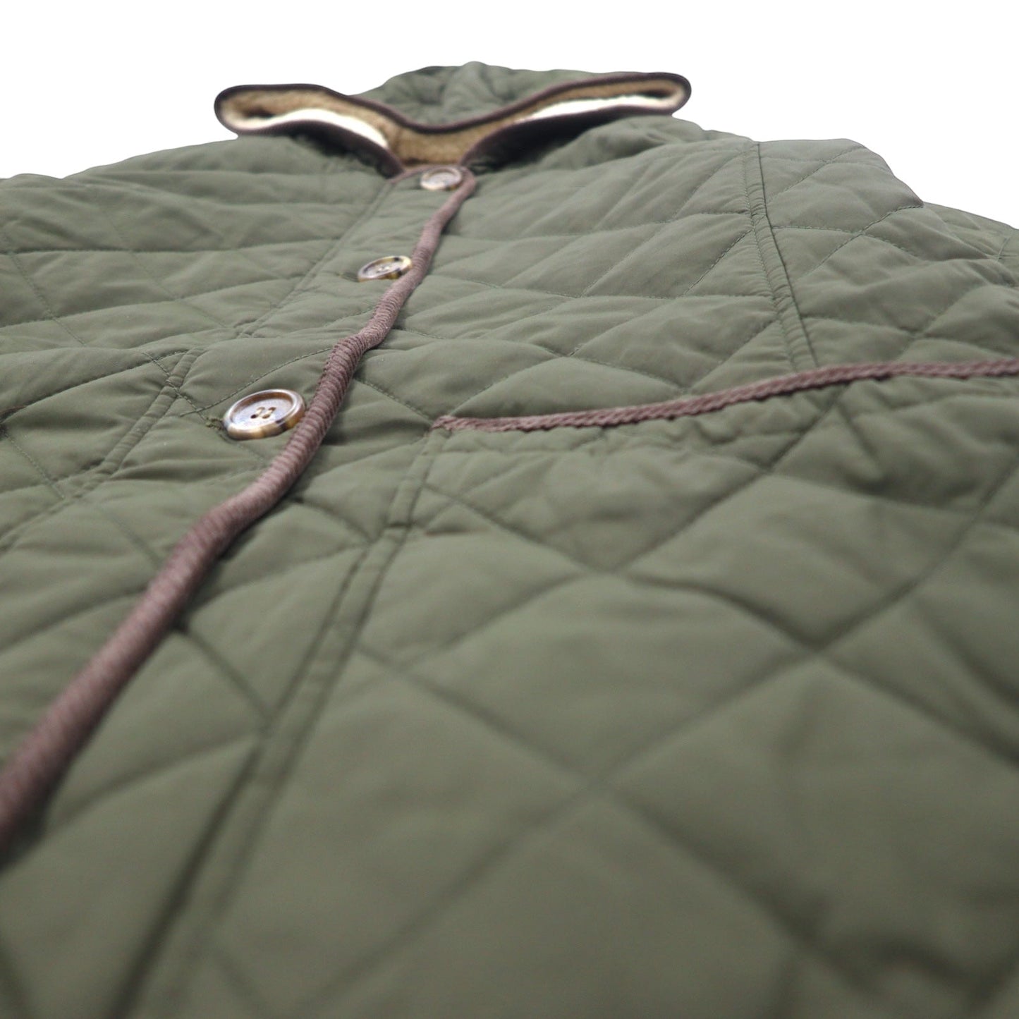 LAUREN RALPH LAUREN hooded quilted jacket, size L, khaki polyester with scarf pattern lining