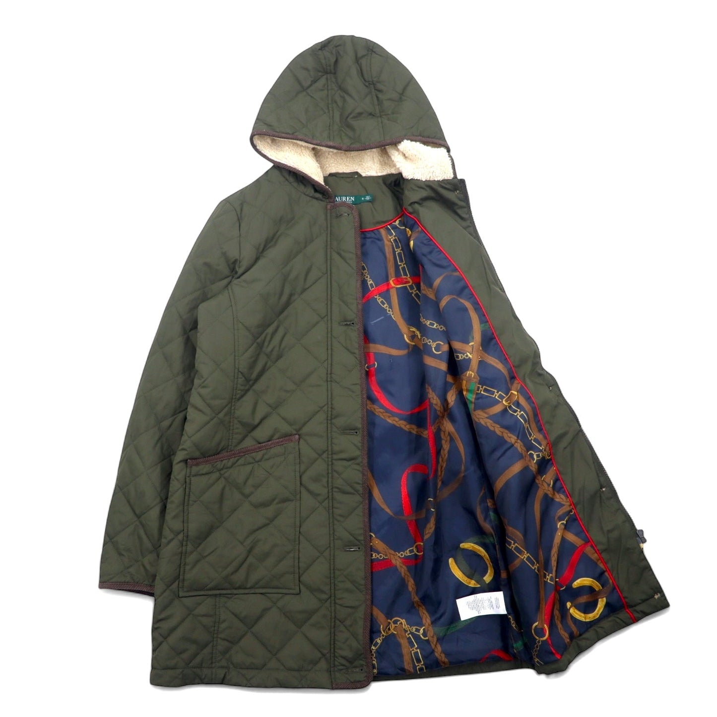 LAUREN RALPH LAUREN hooded quilted jacket, size L, khaki polyester with scarf pattern lining