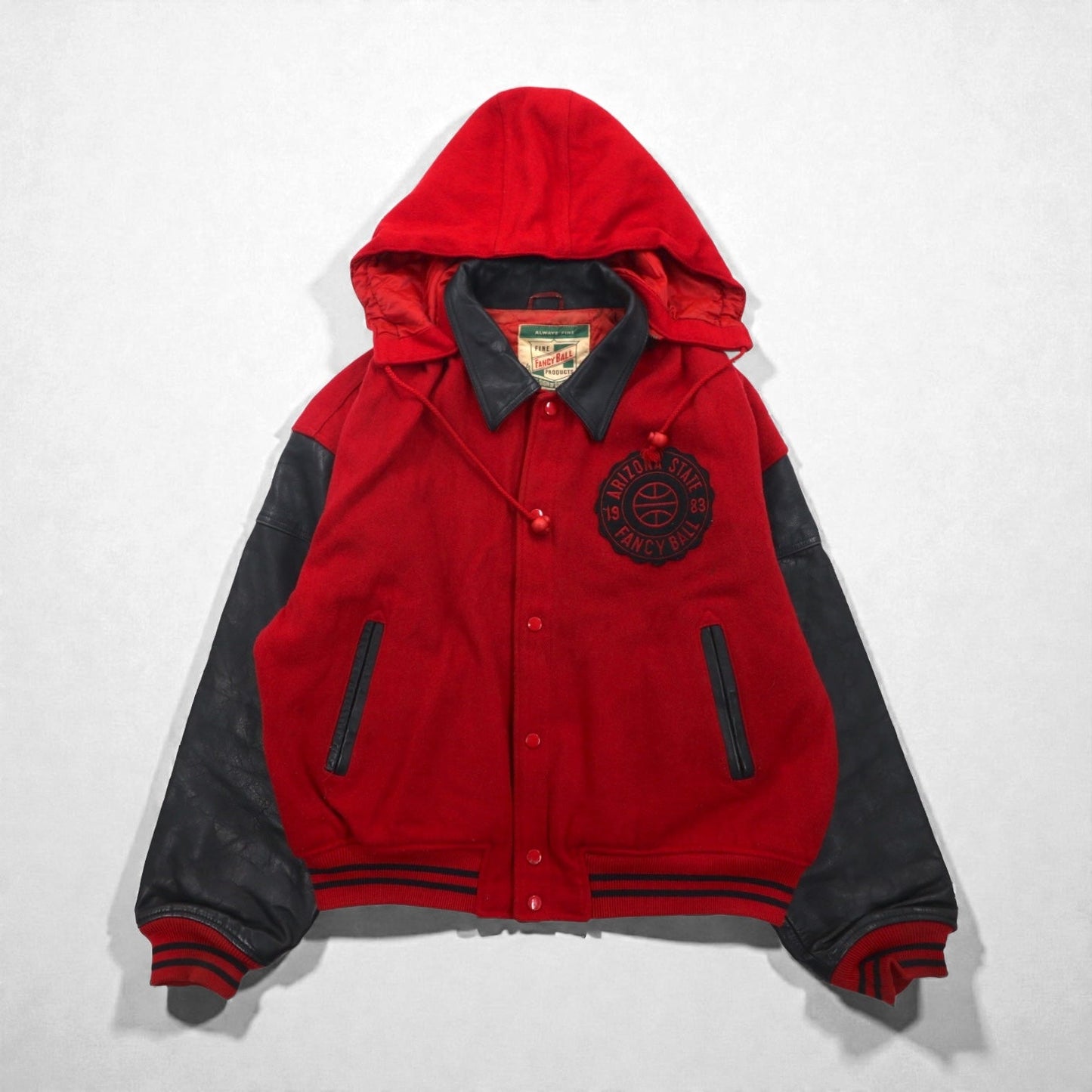 Vintage 80s Varsity Jacket FANCY BALL レザー切替 スタジャン L ウール フード着脱式 80年代