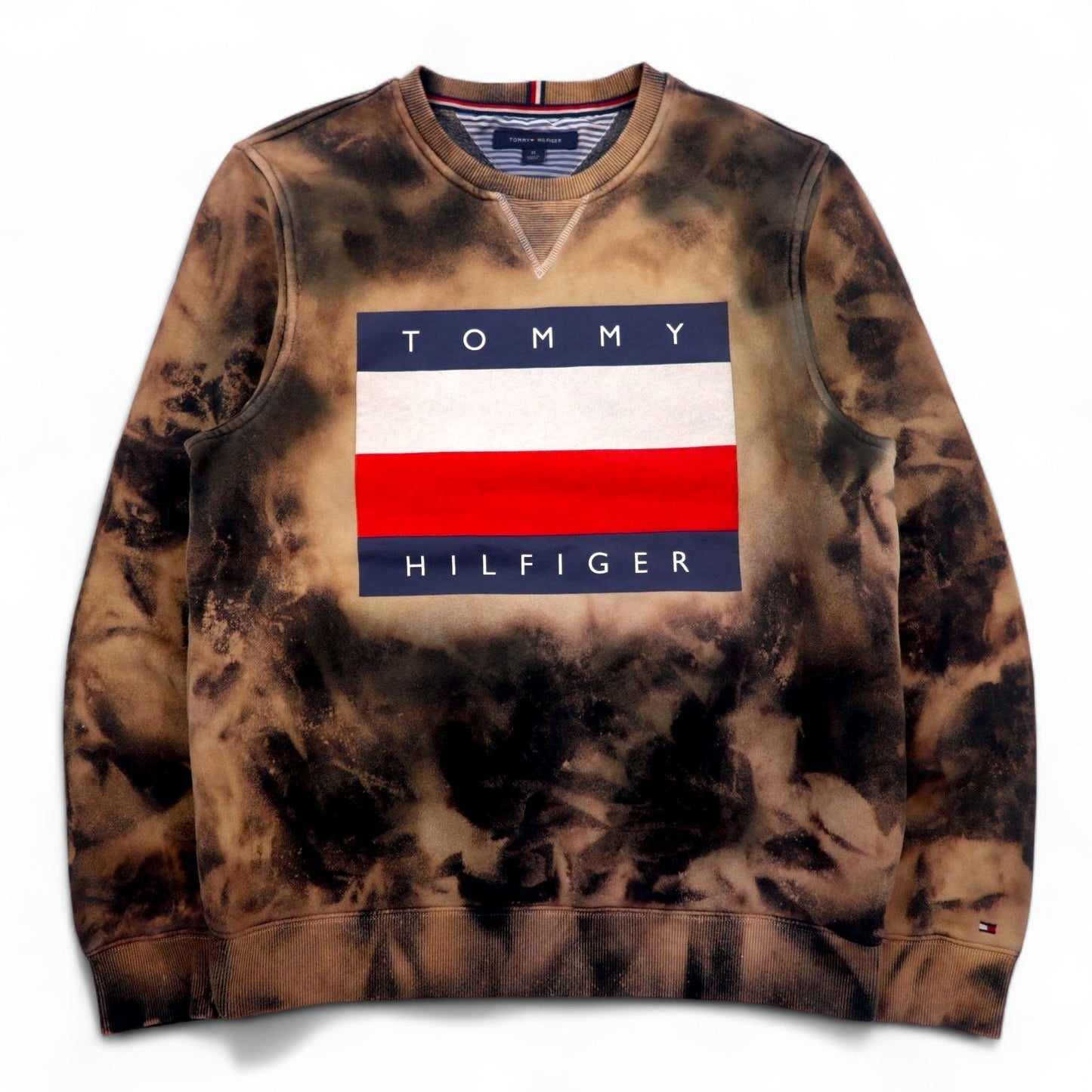 TOMMY HILFIGER Tie-Dye Front V Sweatshirt, Size M, Black, Printed Flag Logo