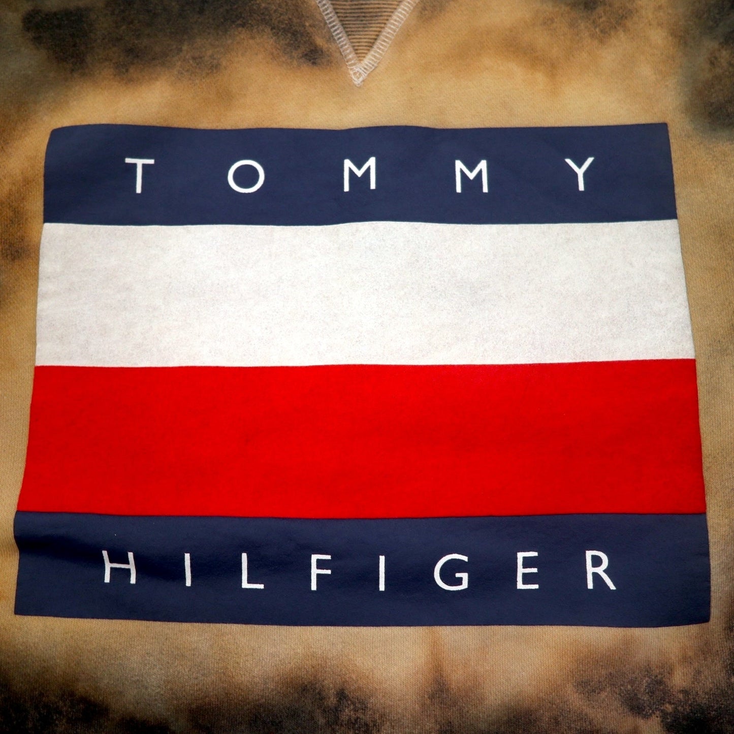 TOMMY HILFIGER Tie-Dye Front V Sweatshirt, Size M, Black, Printed Flag Logo