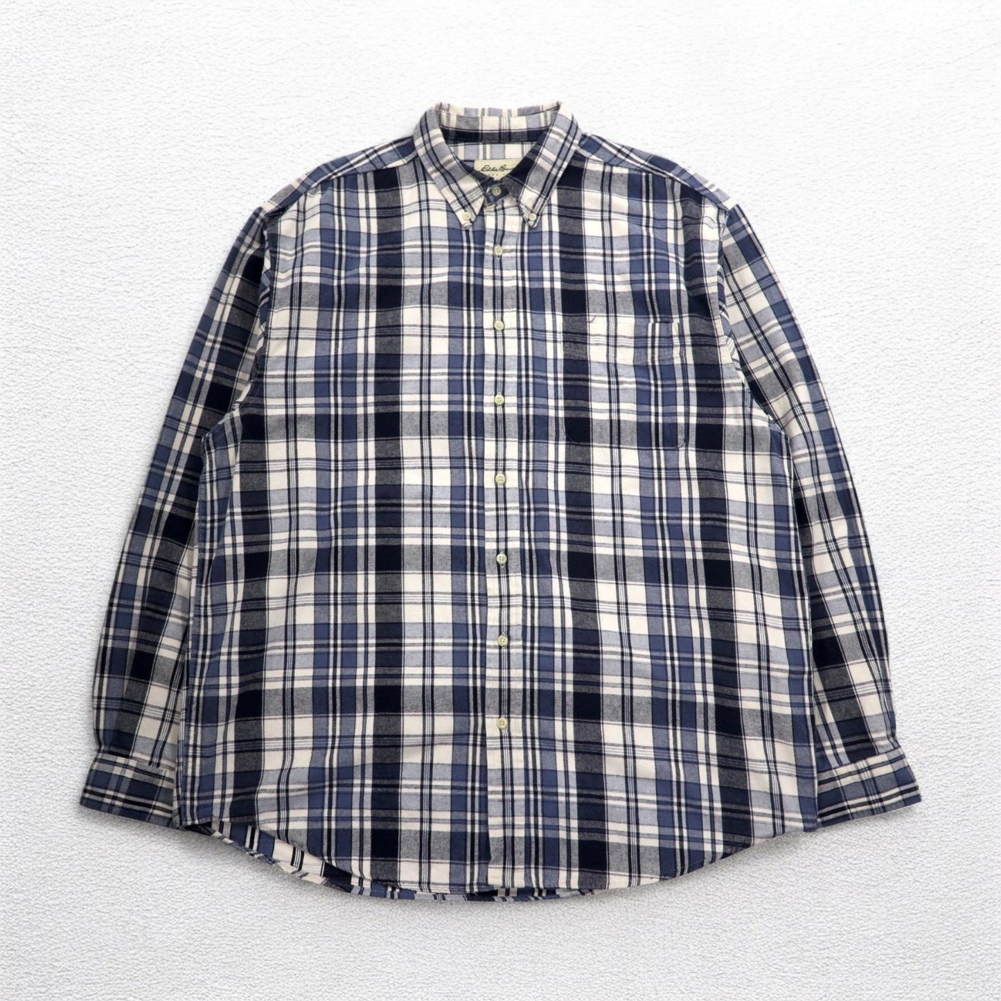 Eddie Bauer 90s Button-Down Flannel Shirt, XL, White and Navy Check, Cotton
