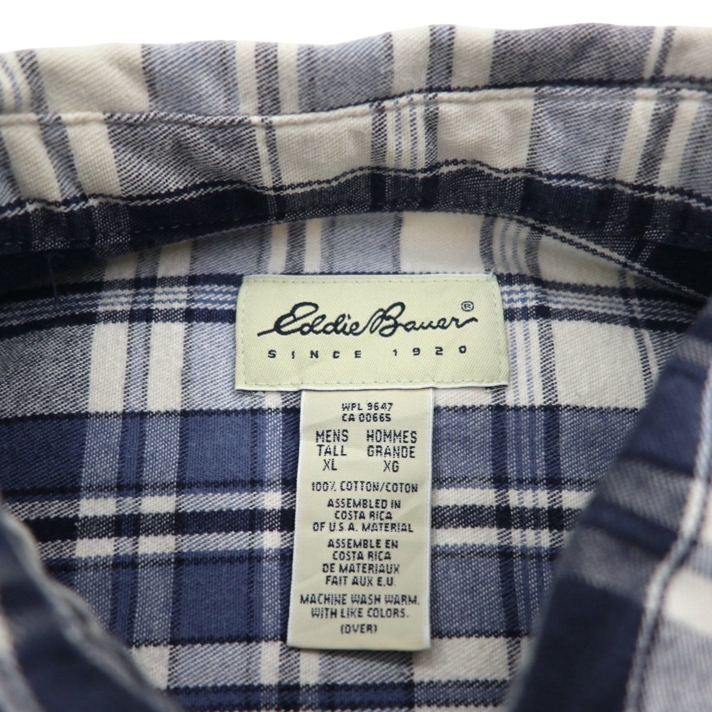 Eddie Bauer 90s Button-Down Flannel Shirt, XL, White and Navy Check, Cotton
