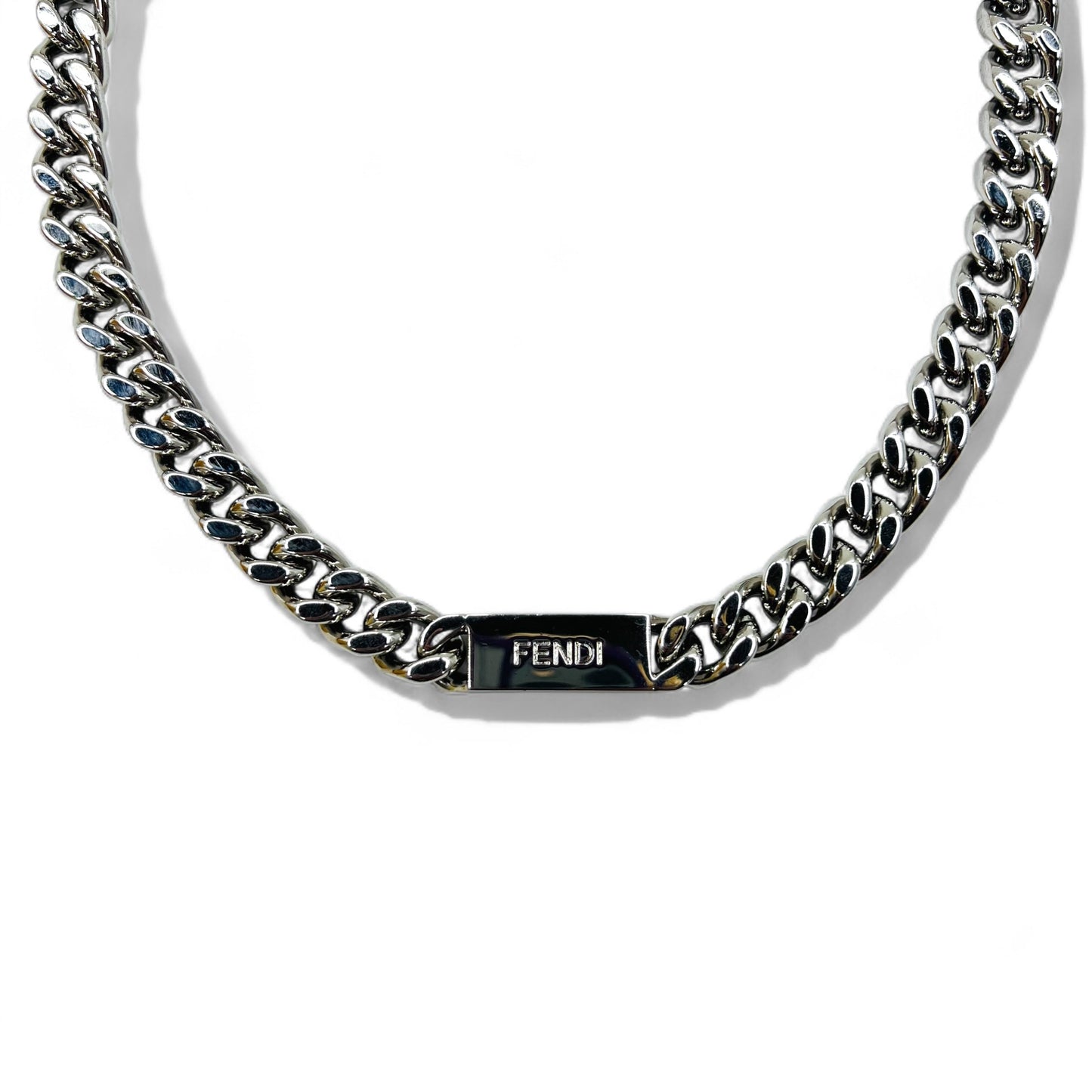 FENDI Metal Chain Necklace, Silver, Curb Chain, Baguette Link, MP4722, Made in Italy