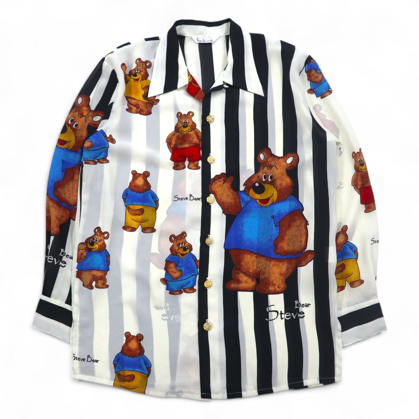 Vintage 90s Japan Made Open Collar Retro Shirt, Size M, Striped, Teddy Bear Print, Gold Buttons, Made in Japan