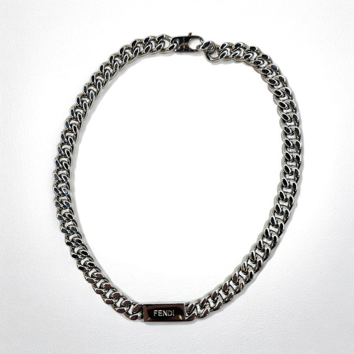 FENDI Metal Chain Necklace, Silver, Curb Chain, Baguette Link, MP4722, Made in Italy
