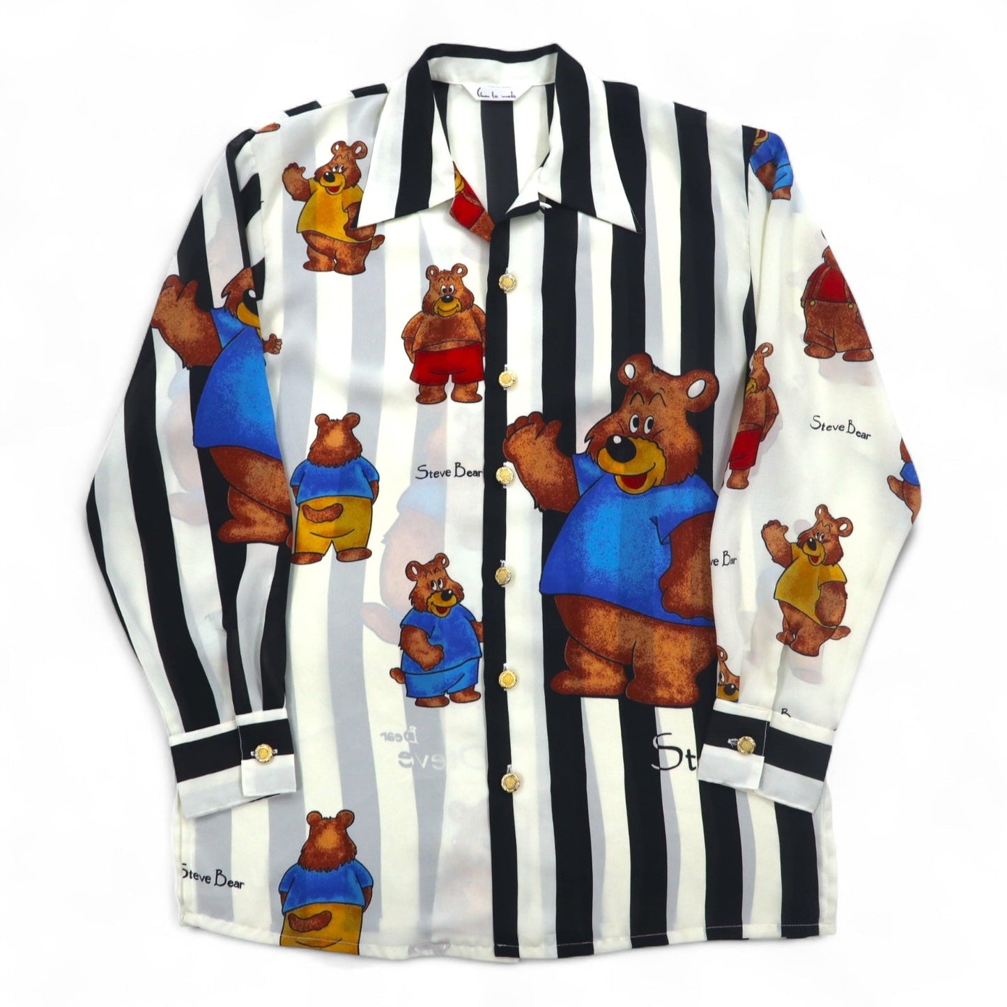 Vintage 90s Japan Made Open Collar Retro Shirt, Size M, Striped, Teddy Bear Print, Gold Buttons, Made in Japan