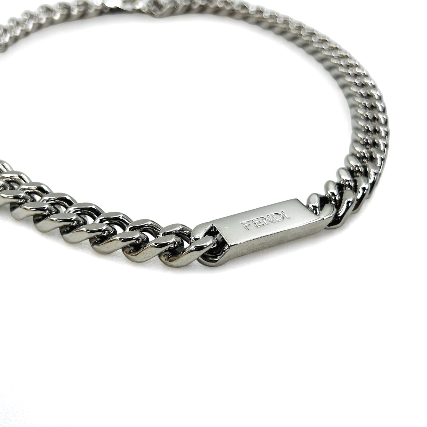 FENDI Metal Chain Necklace, Silver, Curb Chain, Baguette Link, MP4722, Made in Italy