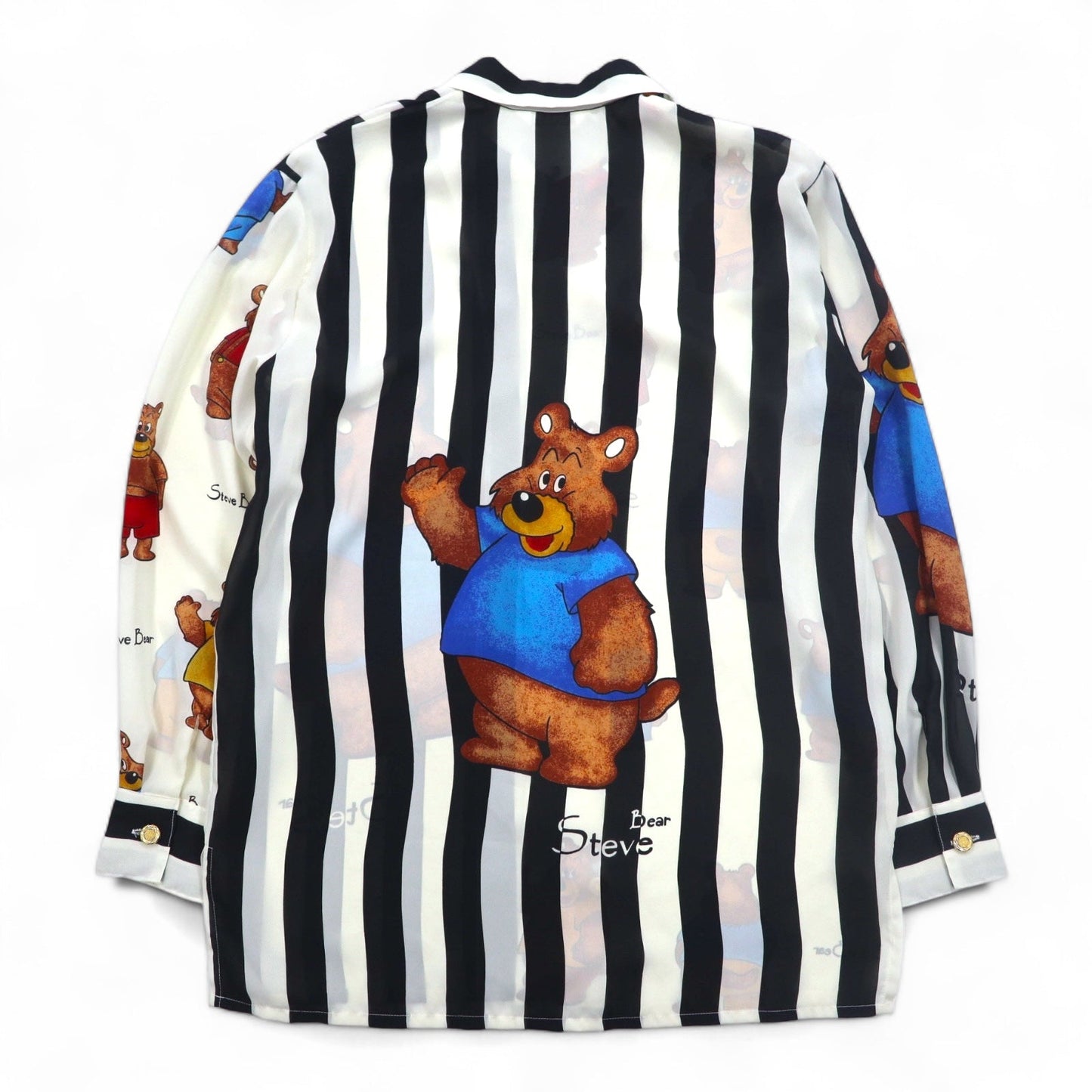 Vintage 90s Japan Made Open Collar Retro Shirt, Size M, Striped, Teddy Bear Print, Gold Buttons, Made in Japan