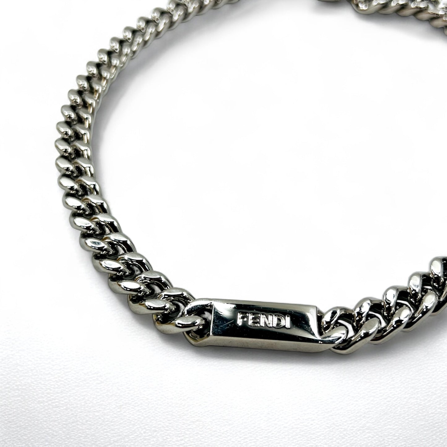 FENDI Metal Chain Necklace, Silver, Curb Chain, Baguette Link, MP4722, Made in Italy